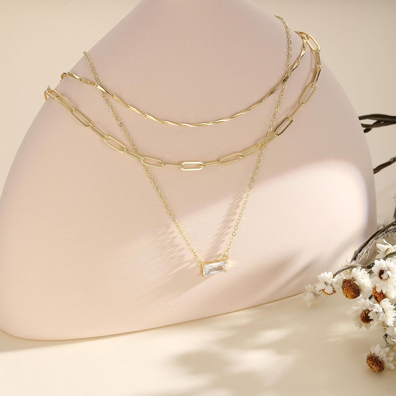 BERISO 14K Gold Plated Layered Necklace for Women, 3 Layer Dainty Gold Necklace with Minimalist Pendant, Elegant Everyday Gold Jewelry Gift - Image 7