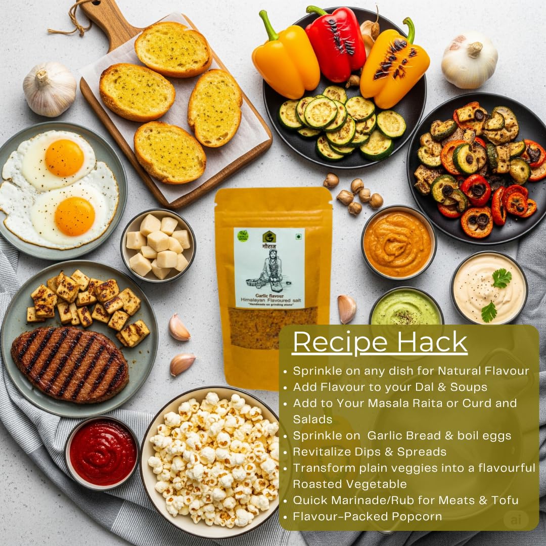Gauraaj Handgrounded Garlic Himalayan Flavored Salt - 500g | Organic Pahadi Namak Seasoning | Pisyu Loon Seasoning Mix for Popcorn, Salad, Raita, Snacks | No Preservatives & Chemicals (Pack of 1) - Image 4 thumbnail