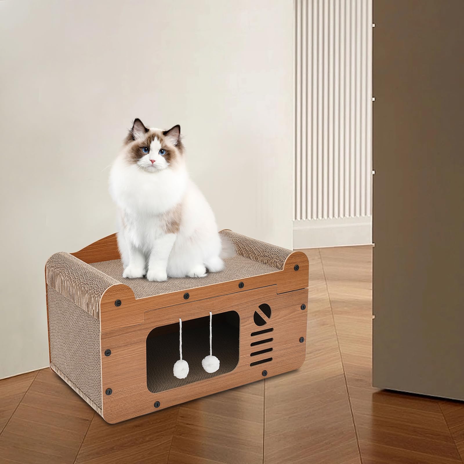 Casetta per gatti a forma di TV con palla da gioco e tiragraffi per gatti, 56 x 30 x 32 cm | Può essere posizionato a casa o in un negozio di animali in modo che i gatti possano giocare e riposarsi
