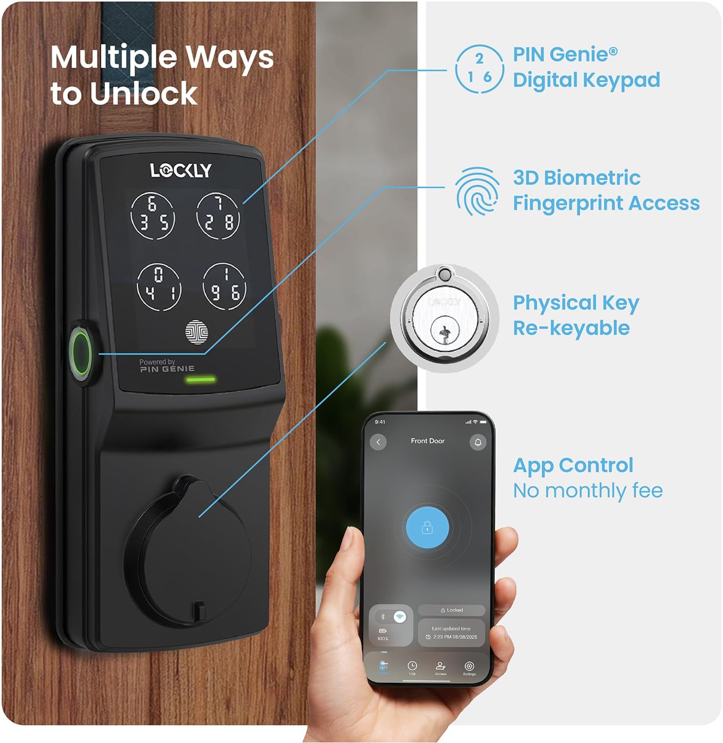 Diagram showing multiple unlocking methods for Lockly Secure Pro: PIN Genie keypad, 3D biometric fingerprint, physical key, and smartphone app control.