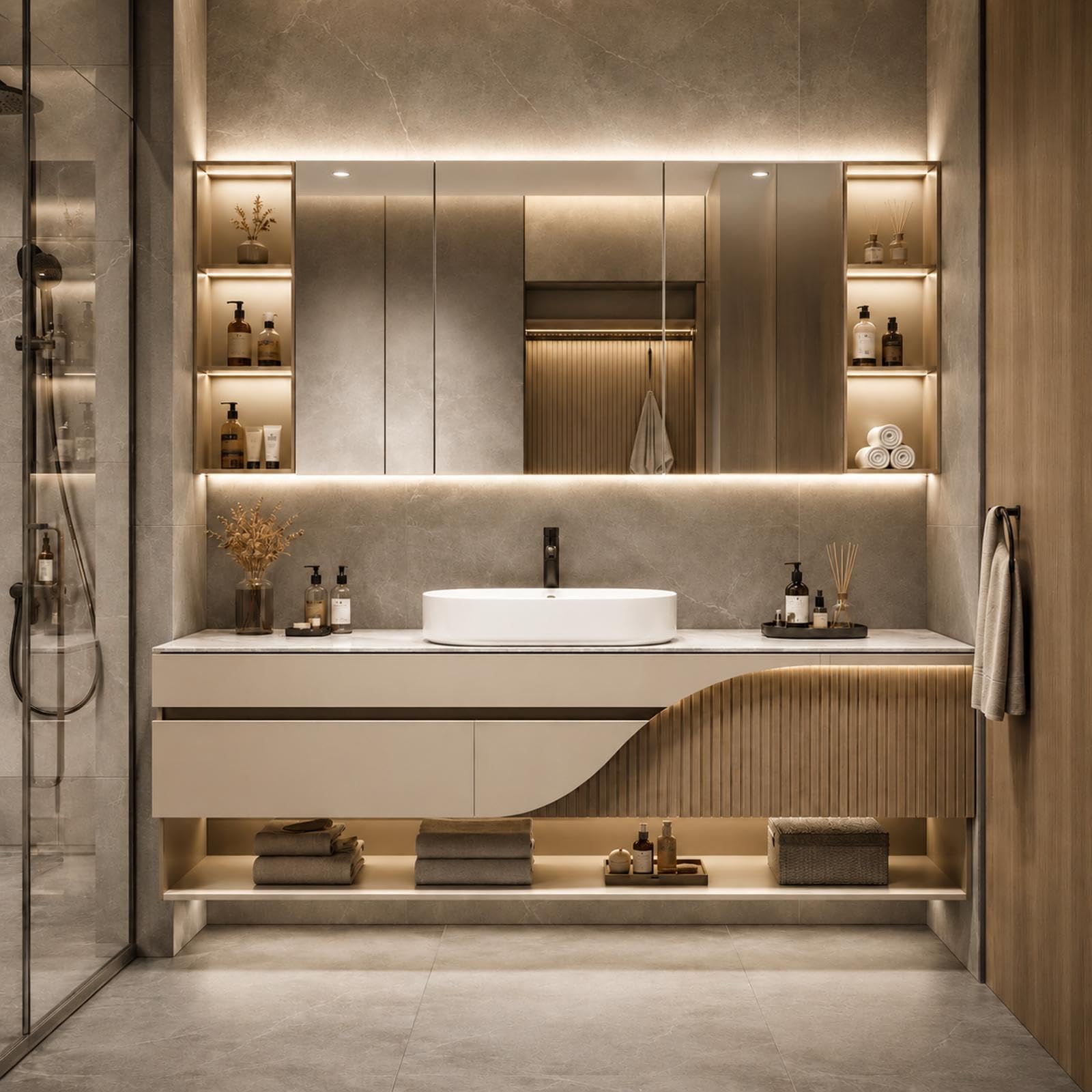 Moderno juego de tocador flotante de baño de 110 pulgadas con fregadero, madera maciza, espejo antivaho, impermeable, gabinete seco, fregadero de piedra integrado para una actualización elegante del