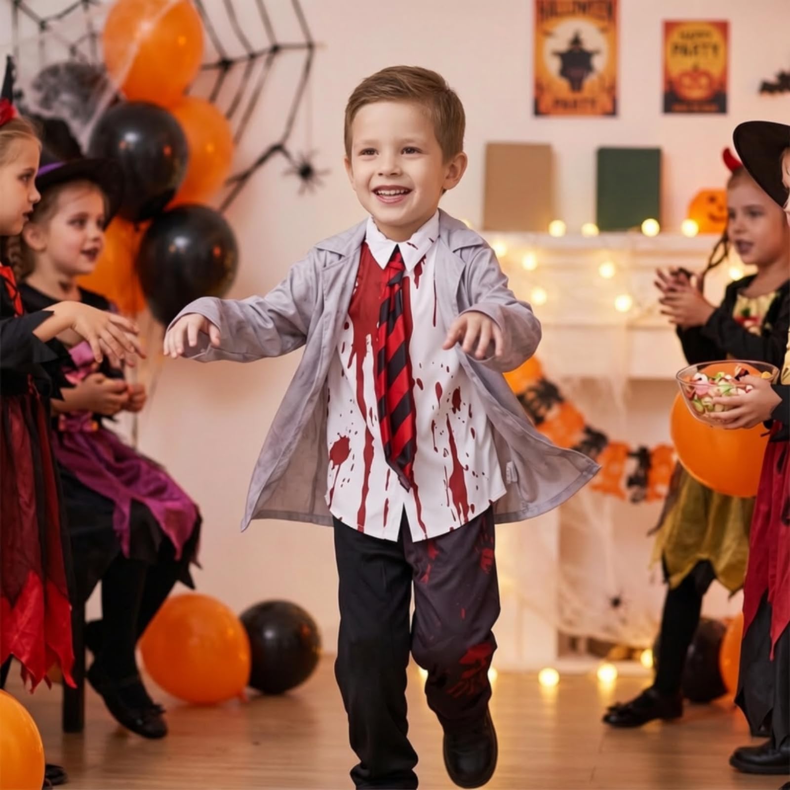 TISHITA Costume di Halloween Bambini Completo Uniforme Scolastica Camicia Bianca con Colletto Cravatta Striata Pantaloni con Stampa su una Gamba in Poliestere