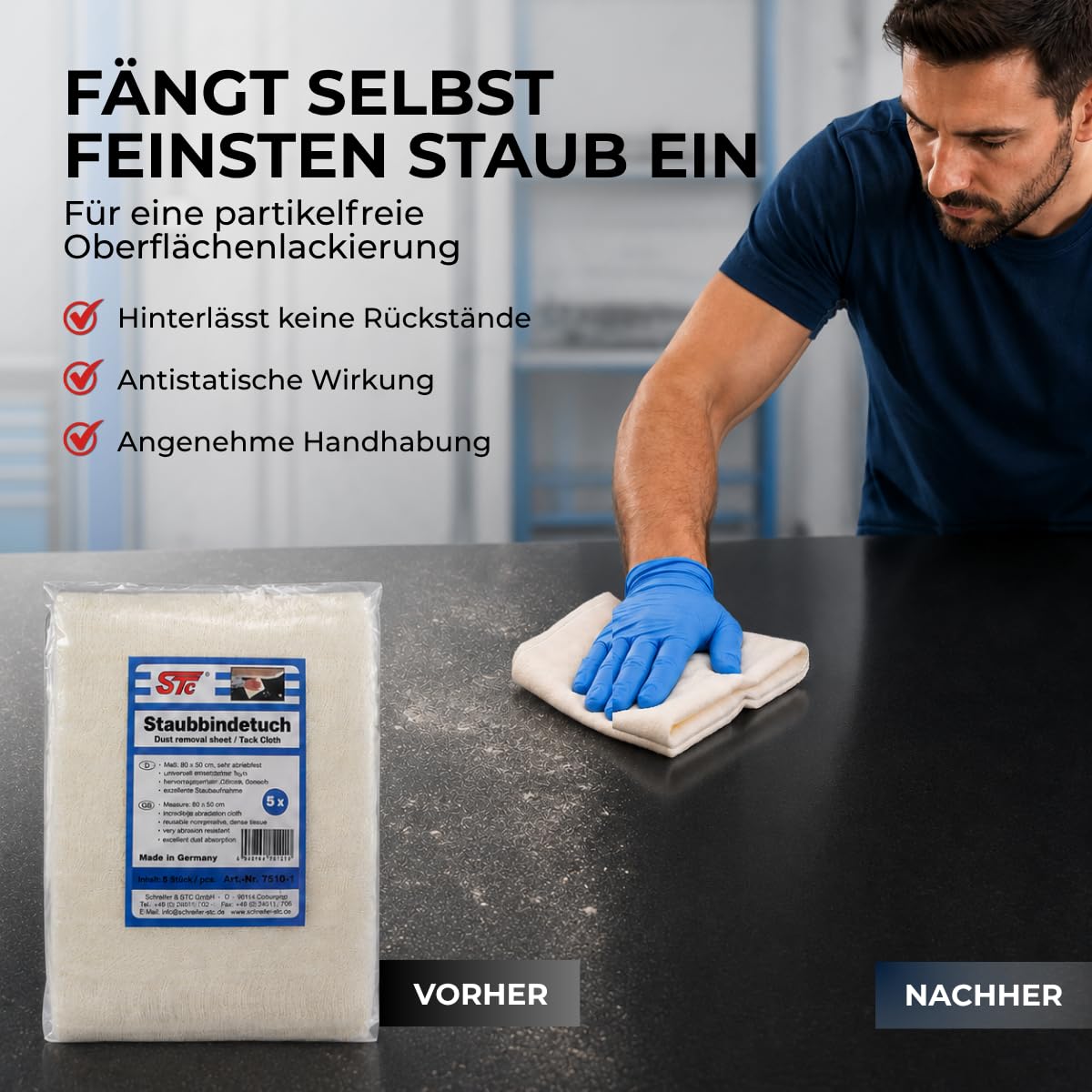 STC Staubbindetuch 10 x 5er Pack (50 Stück) – hochwertiges Honigtuch für Lackierarbeiten – Staubtuch für alle Lackarten geeignet – trocknet Nicht aus – 80 x 50 cm