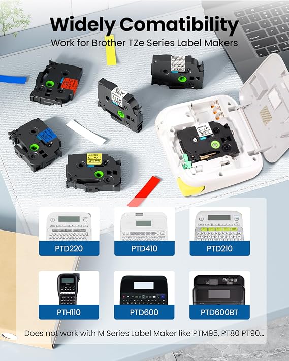 Label Maker Tape Replacement for Brother PT-D200 1280 2040 1750 1090 1180 1880 1890 Label Maker Refills TZe TZ Tape 12mm 0.47 Inch Laminated Compatible with Brother P Touch Colored Labels, 5 Pack