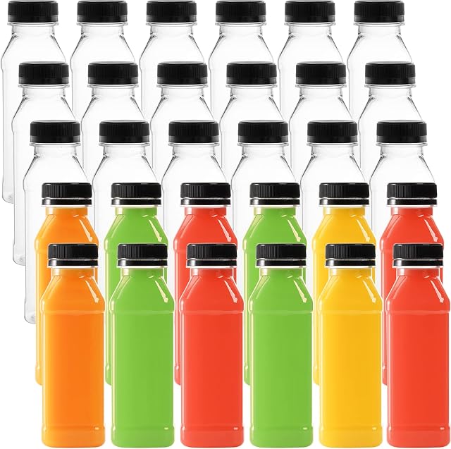 WUWEOT 30 Pack Plastic Juice Bottle, 300 ML Clear Empty Milk Bottles, Reusable Bulk Beverage Containers with Tamper Evident Caps Lids