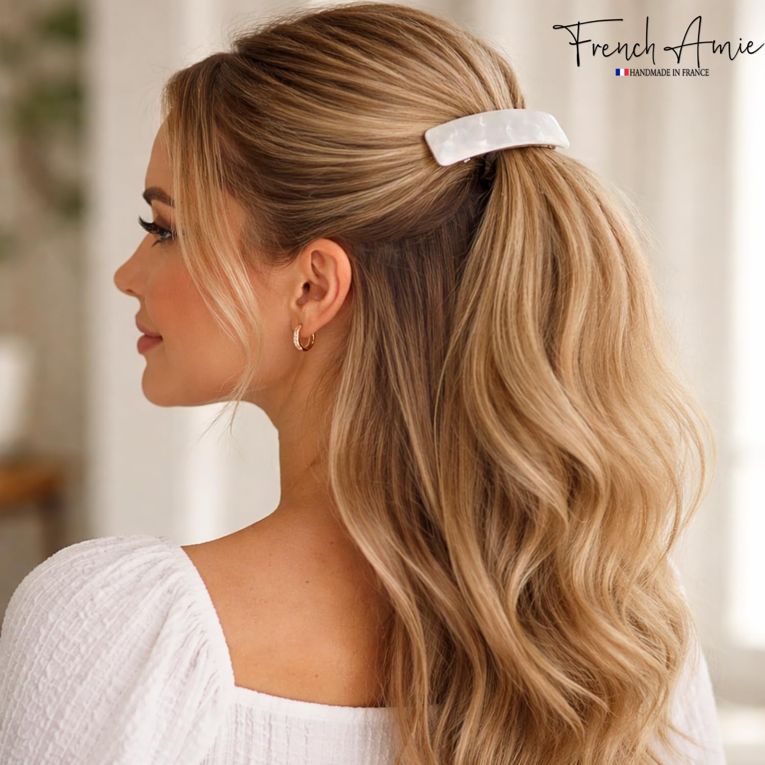 French Amie Long Rectangle Hair Barrettes for Women, Cellulose Acetate 4 Inch Large Auto Clasp Hair Clip Ponytail Holder for Thick Hair (White Frost)