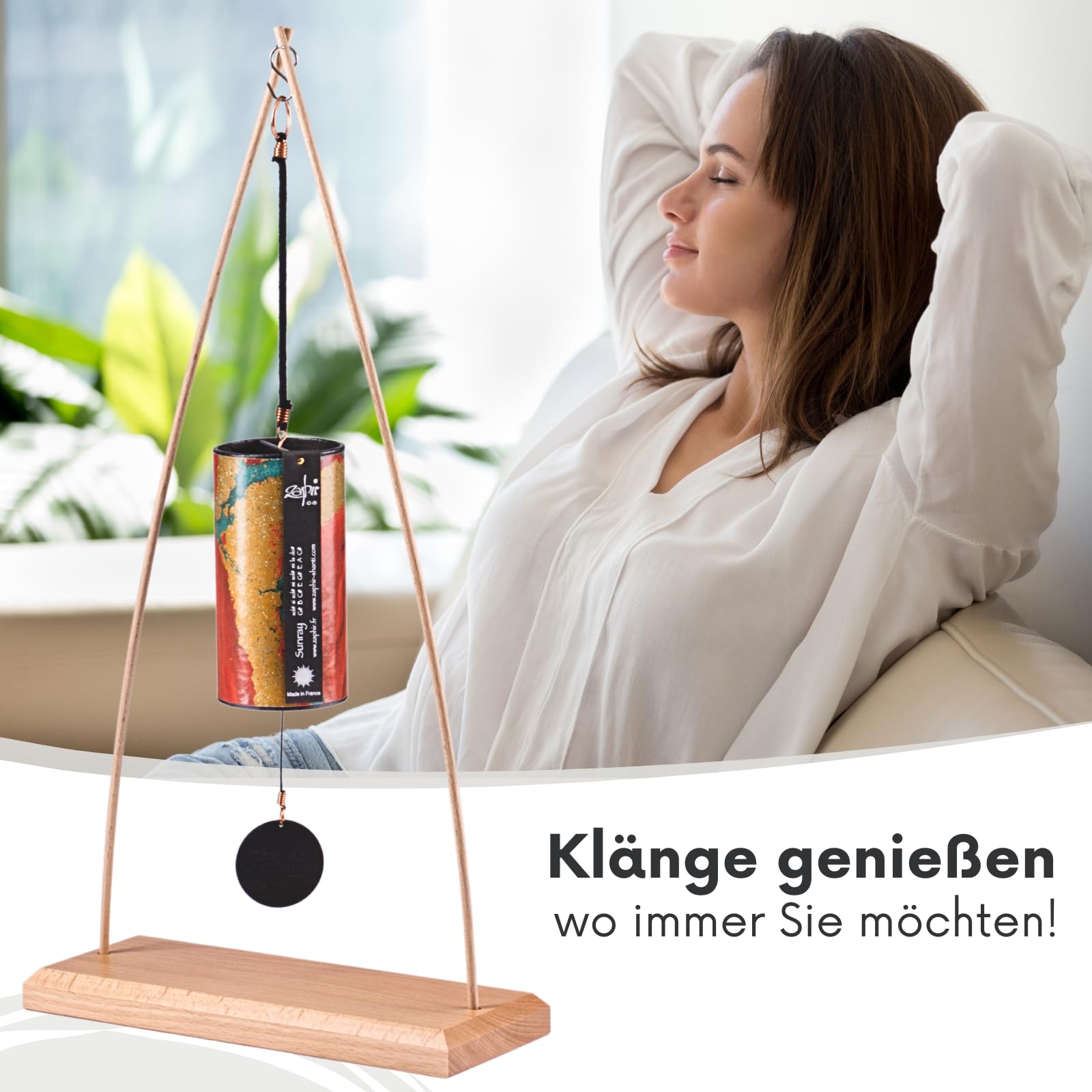 Zaphir Klangspiel Sunray Sommer mit Ständer - Klangspielständer Tipi aus Buchenholz - 50 cm Höhe für Yoga, Kinder zur Entspannung und Meditieren