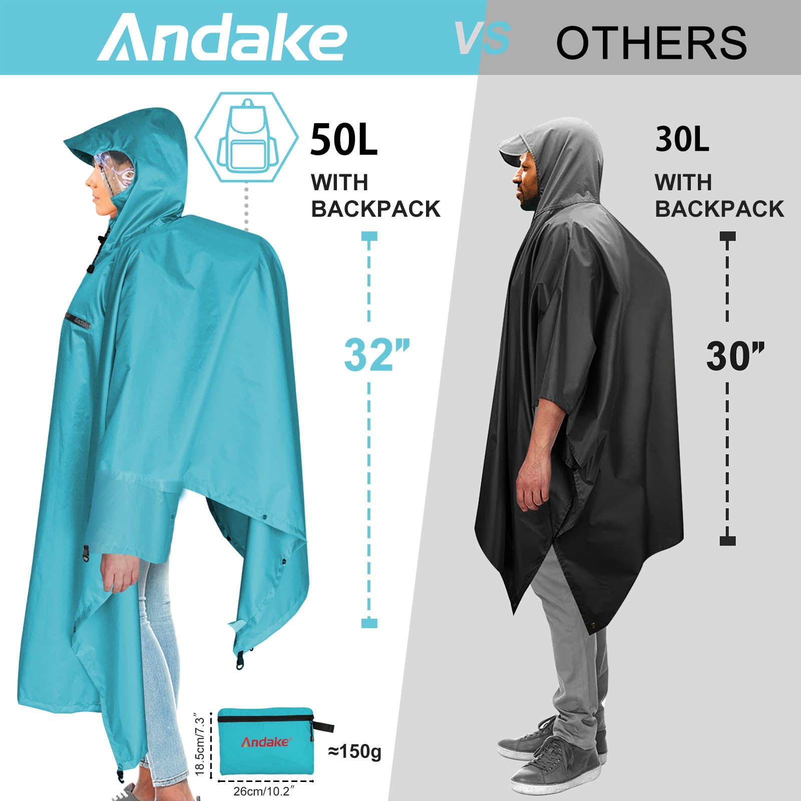 Andake Poncho Uomo Donna Impermeabile Unisex Giacca da Pioggia Antivento Resistente alle Rughe Impermeabile riutilizzabile per Campeggio Escursionismo Outdoor e Uso Quotidiano