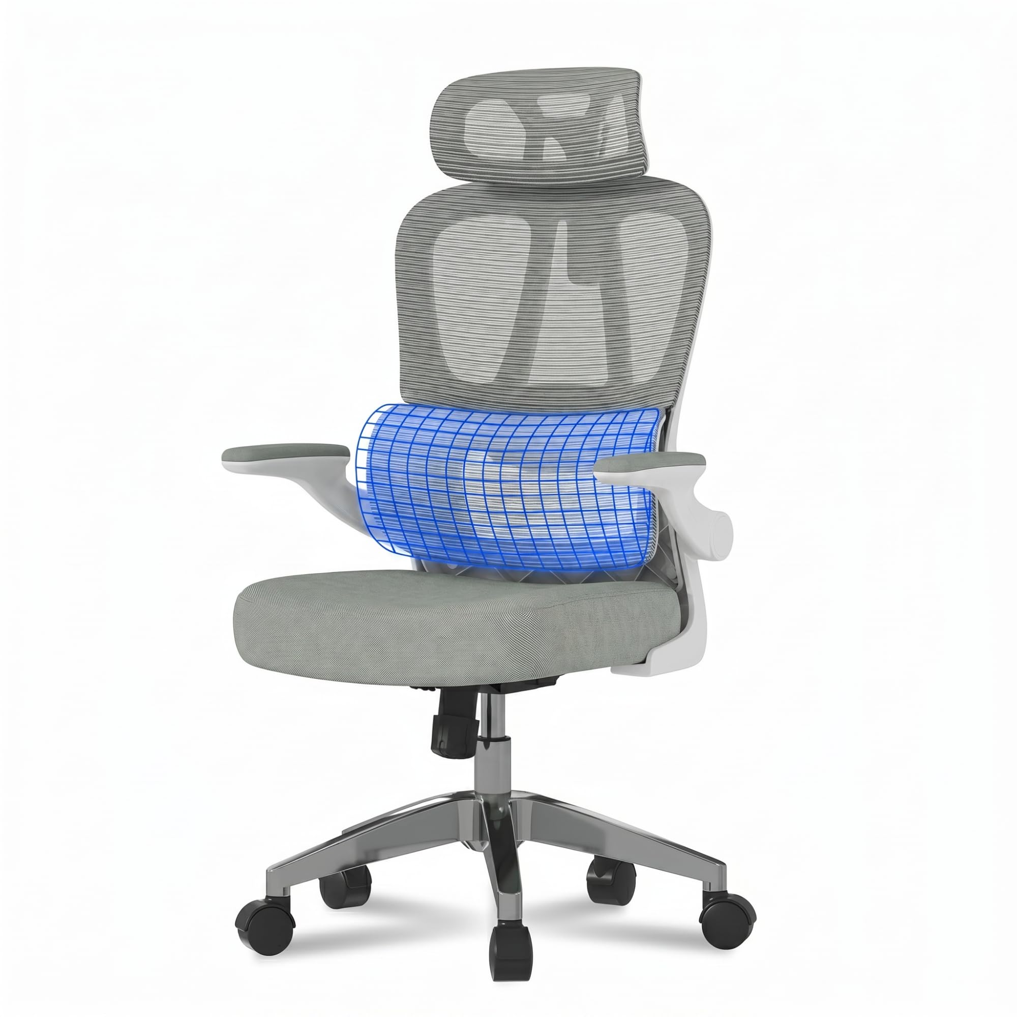 FLEXISPOT Ergonomic Office Chair, 2D Armrests Desk Chair with Adjustable Backrest, Ergonomic Lumbar Support, Sponge Cuishion Seat - Swivel Chair with Wheels, Grey