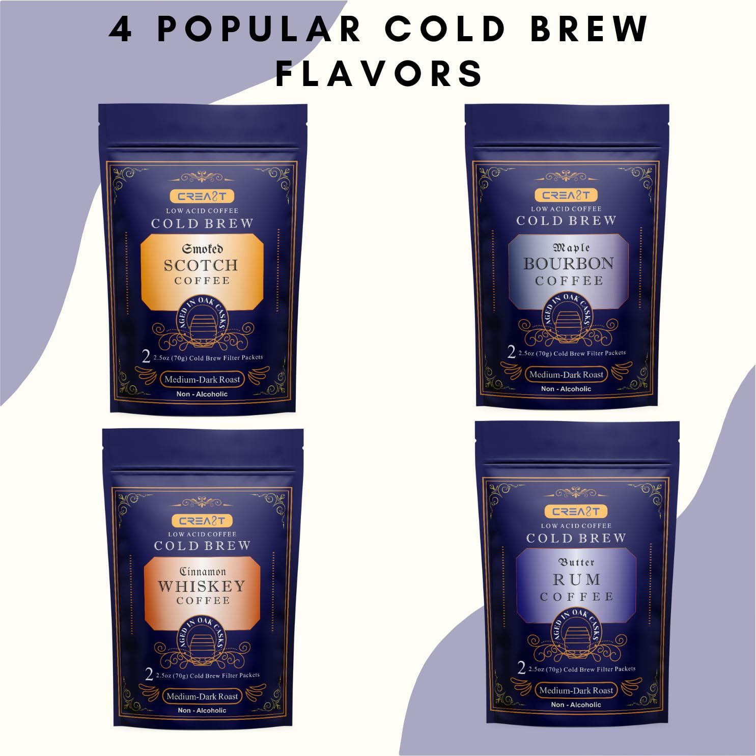 CREA8T Cold Brew Maple Bourbon flavored coffee - Pack of 4 Cold Brew GROUND Filter packets 2.5oz each totalling 10oz.
