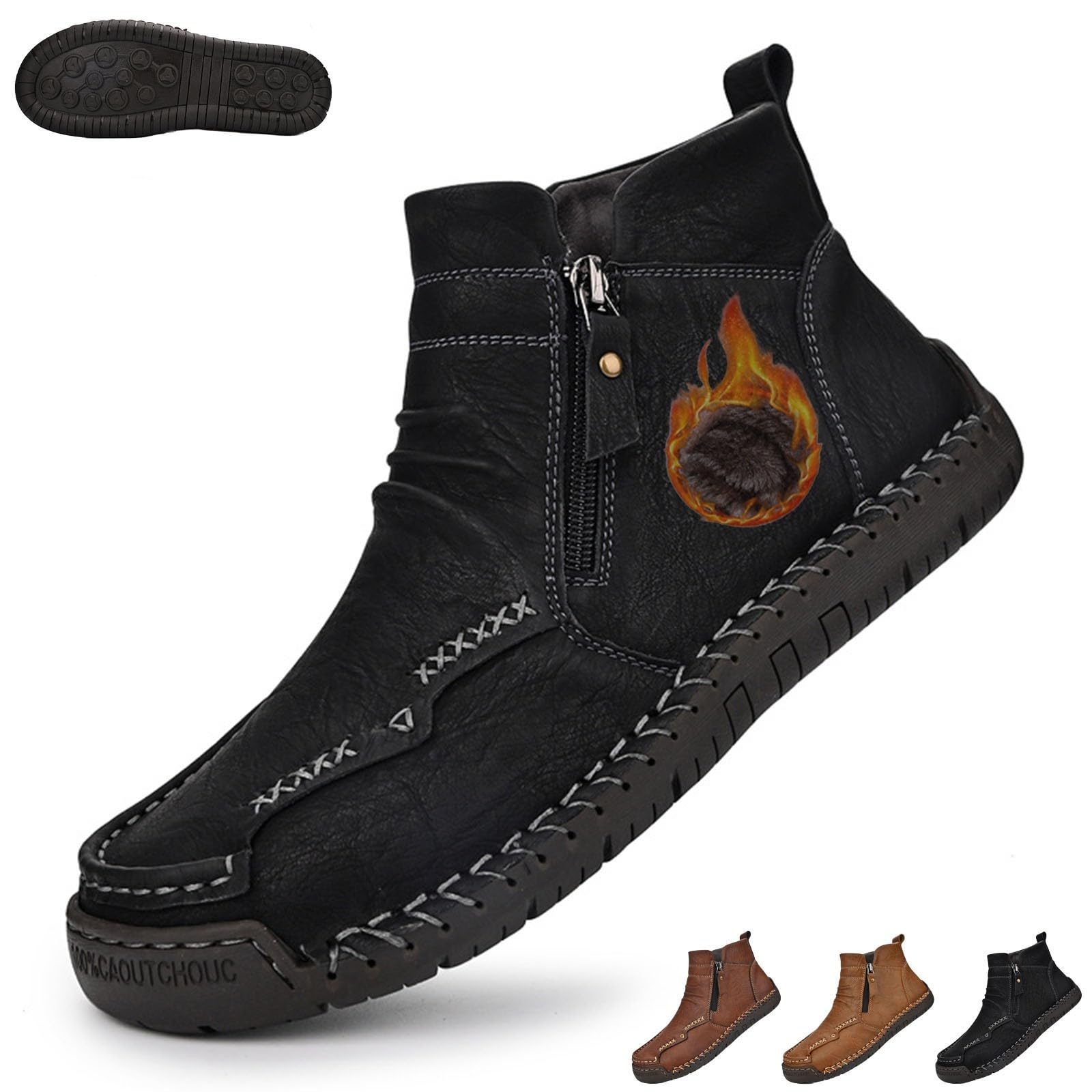Pumio Chaussures de randonnée en Cuir Faites à la Main for Hommes | Fermeture éclair latérale, doublure polaire chaude, semelle en caoutchouc flexible, for la conduite(Black+,42EU)