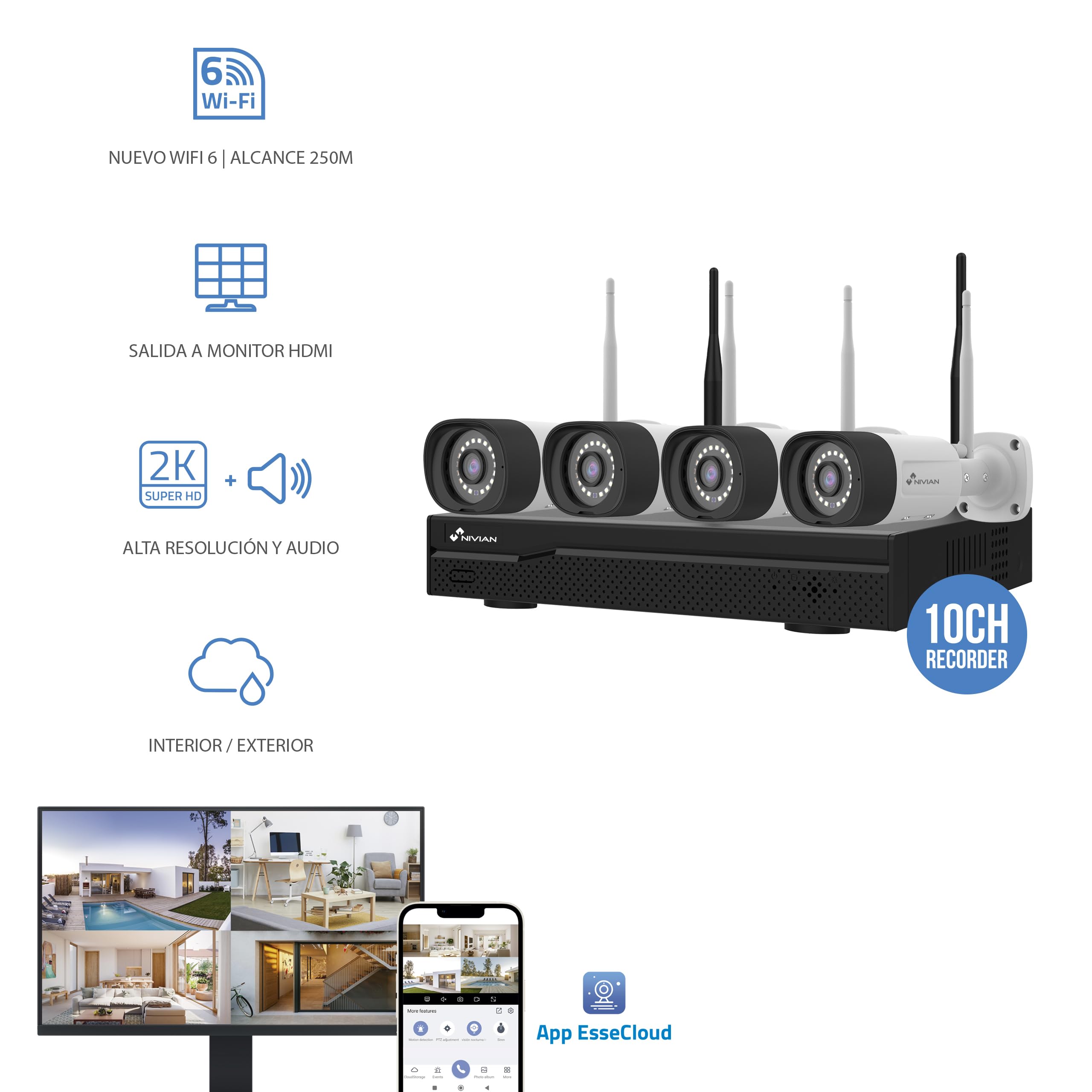NIVIAN WLAN-Kamera-Set, Überwachungskamera Set, KI-Personenerkennung, Zwei-Wege-Audio, Nachtsicht, EseeCloud-App, HDMI-Ausgang für TV/Monitor (10 Kanäle - 4 Kameras, CCTV-Kit)