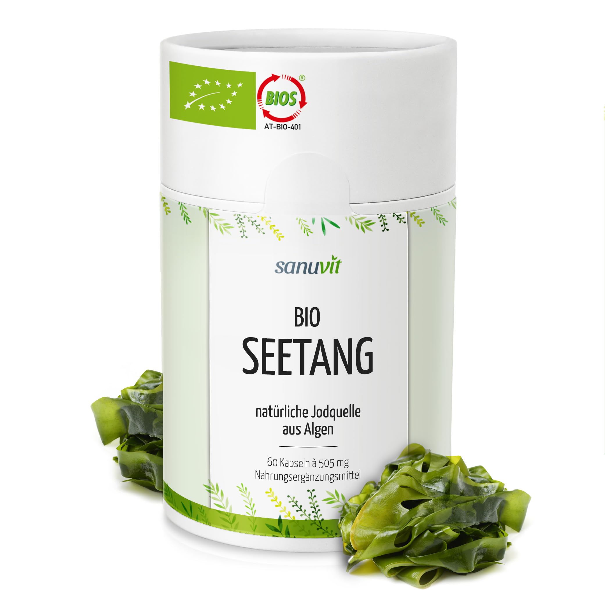 Sanuvit® - Bio-Seetang 500 mg | Biologische Algen, Bio Kelp | Hochdosiert mit 335 µg Jod pro Kapsel | Hohe Bioverfügbarkeit | Qualität aus Österreich | Vegan | 60 Kapseln