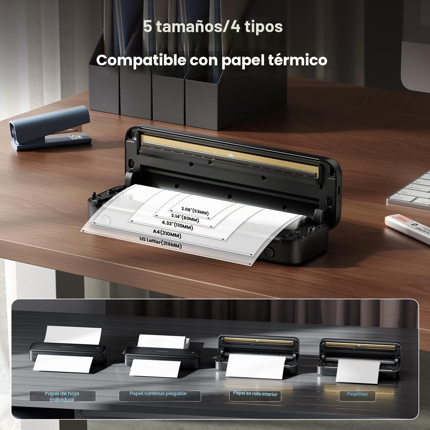 Phomemo M834 Impresora Termica A4, Impresora Portatil Inalambrica, Conexión de Smartphone por Bluetooth, Admite Papel Térmico A4, con Maletín de Transporte y 4 Rollos de Papel Térmico, Negro