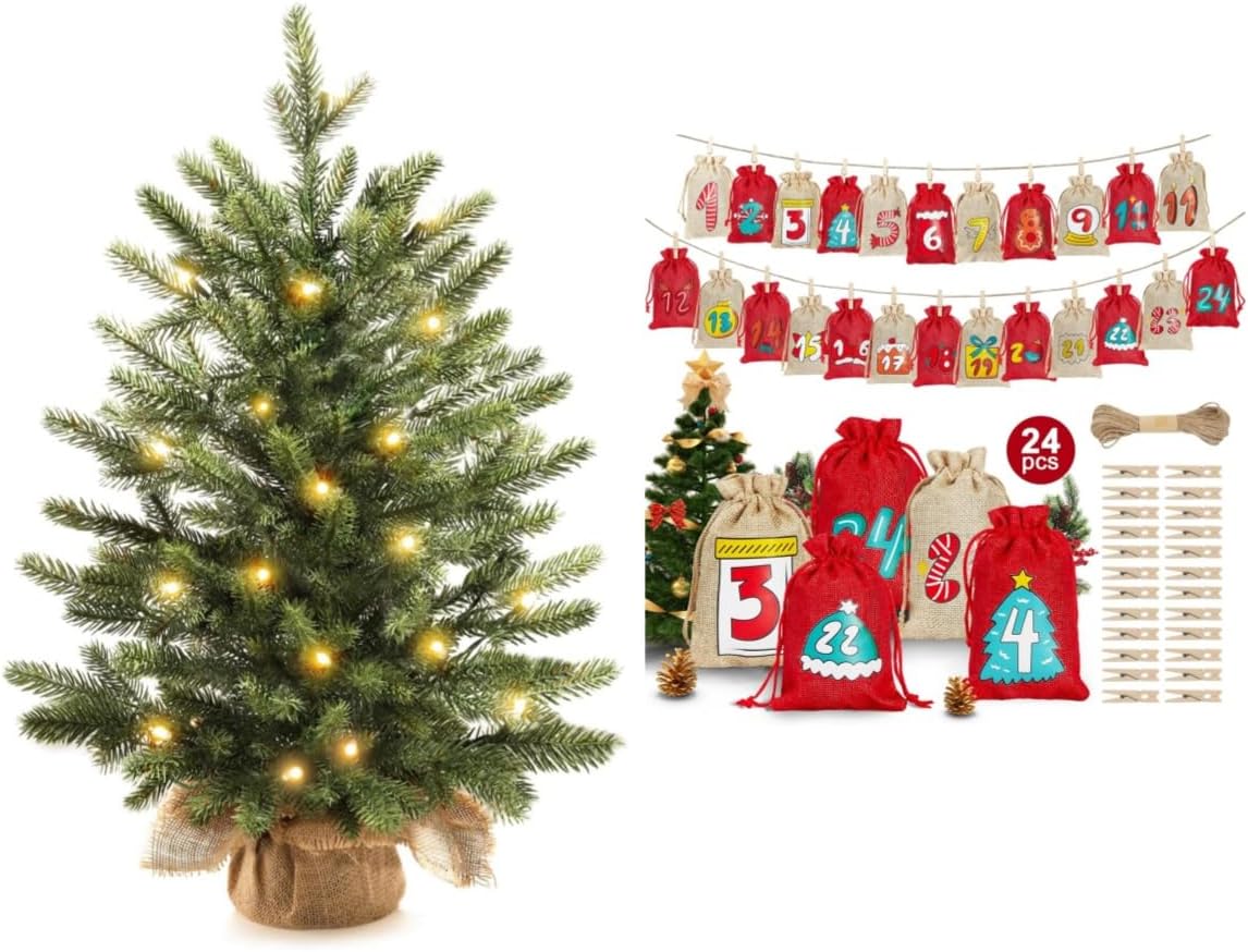 2ft Mini Christmas Trees and 24 Days Christmas Advent Calendar Bags with Drawstring Camps