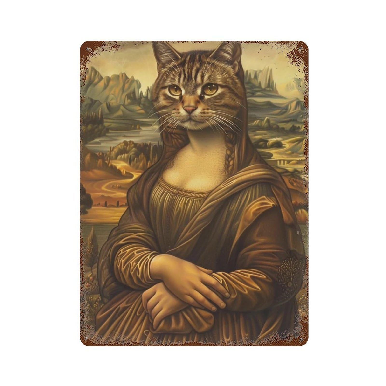 YHGERTKU Meowna Lisa 04 Wall Retro Iron Vintage Art Metal Tin Sign Poster Modern Decor for Living Rooms 40x30cm