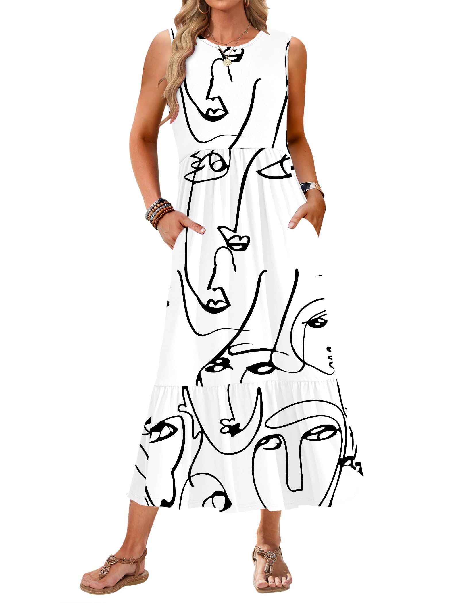 AUSELILY Womens Summer Dresses 2026 Sleeveless Maxi Dress Crewneck Casual Flowy Tiered Sundresses with Pockets
