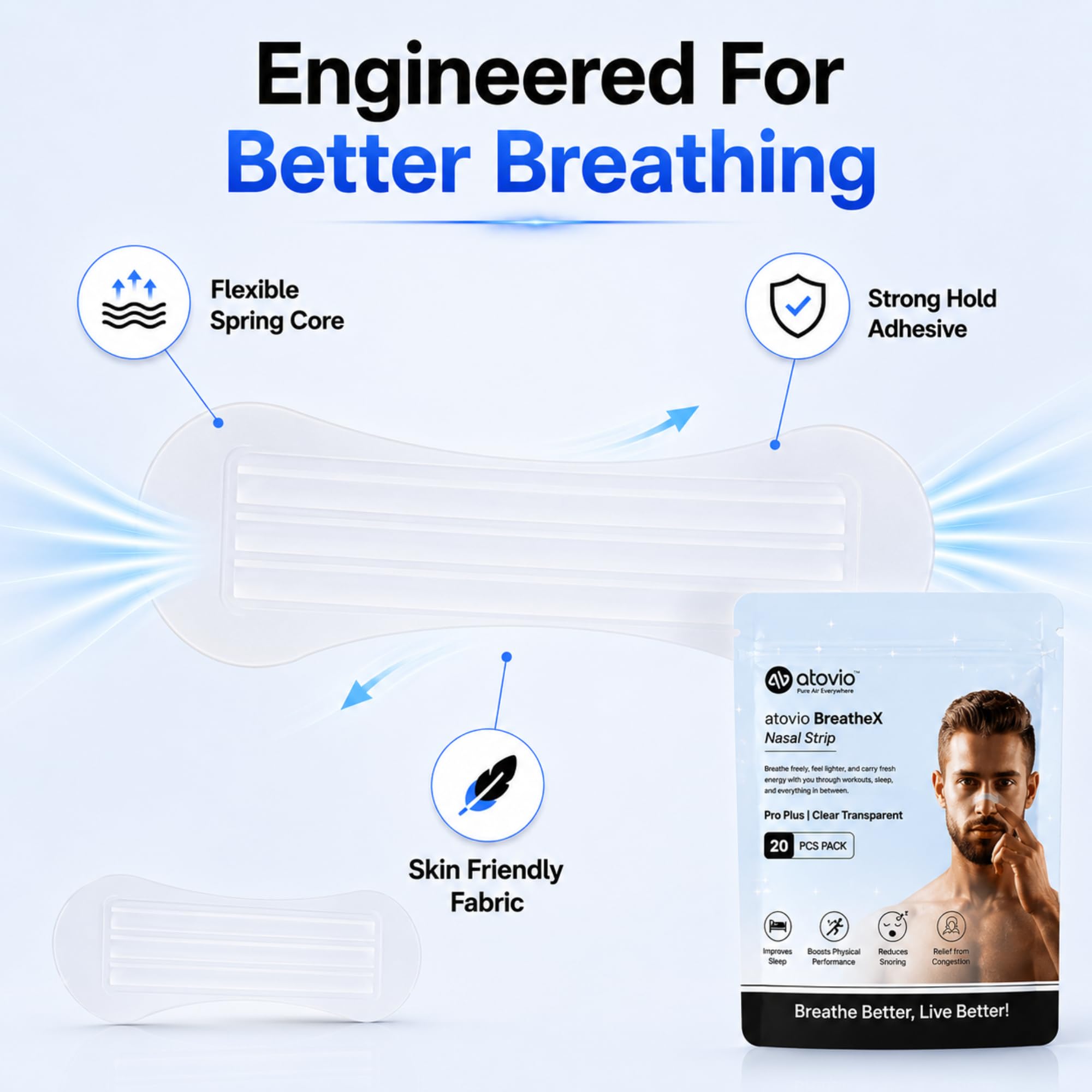 Atovio BreatheX Nasal Strips for Breathing & Snoring Relief, 10 Strips | Extra Strength Anti-Snoring Nose Strips for Nasal Congestion Relief | Sweat-Proof & Hypoallergenic Adhesive | Instant Airflow for Sleep & Sports | CDSCO Licensed - Transparent — Amazon image 8