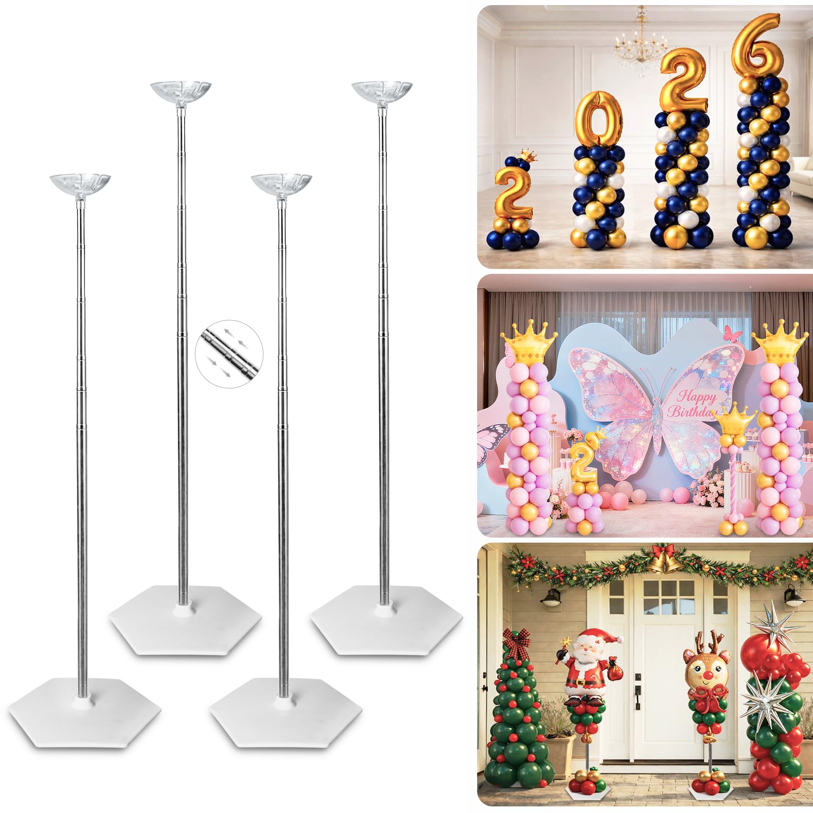 Balloon Stand Set of 4, 6.5ft Adjustable Telescoping Metal Stand for Birthday, Wedding, Graduation, Parties-Silver