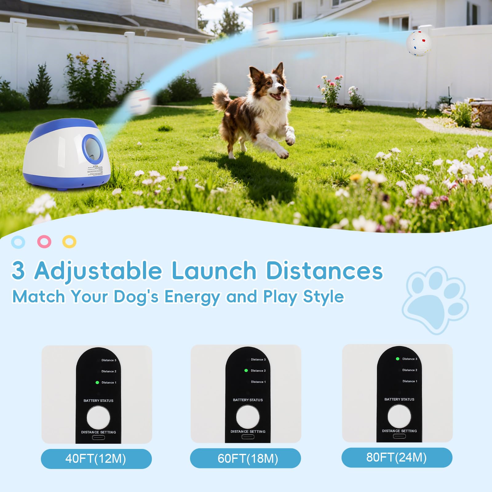 FAHKNS Automatic Ball Launcher for Large Dogs: 40/60/80FT Distance Dog Ball Thrower with Remote Control, 3 Adjustable Distances & Random Mode, 8 Pack 2.5" E-TPU Balls Included - image 3
