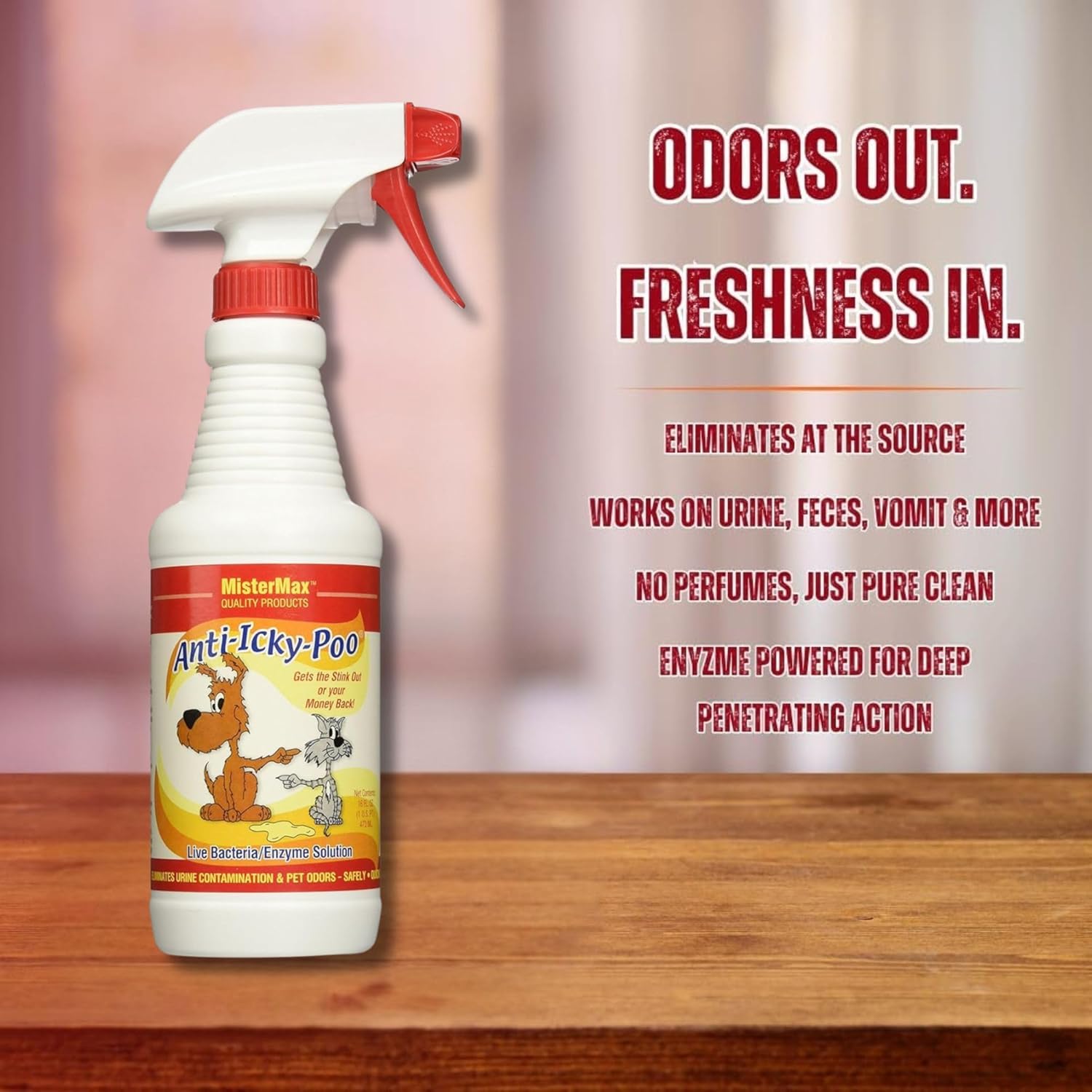 Mister Max Anti Icky Poo Spray - Enzyme Cleaner & Urine Odor Remover for Pets, Animal Urine Enzyme Cleaner & Tough Odor Remover - 1 Pint (16 oz)