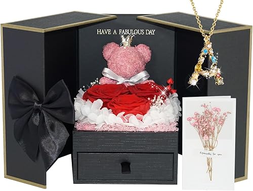 ADDWel Regalos de San Valentín para mujeres, rosas reales preservadas con letra inicial K, collar de regalo para mamá, esposa, novia, hermana,