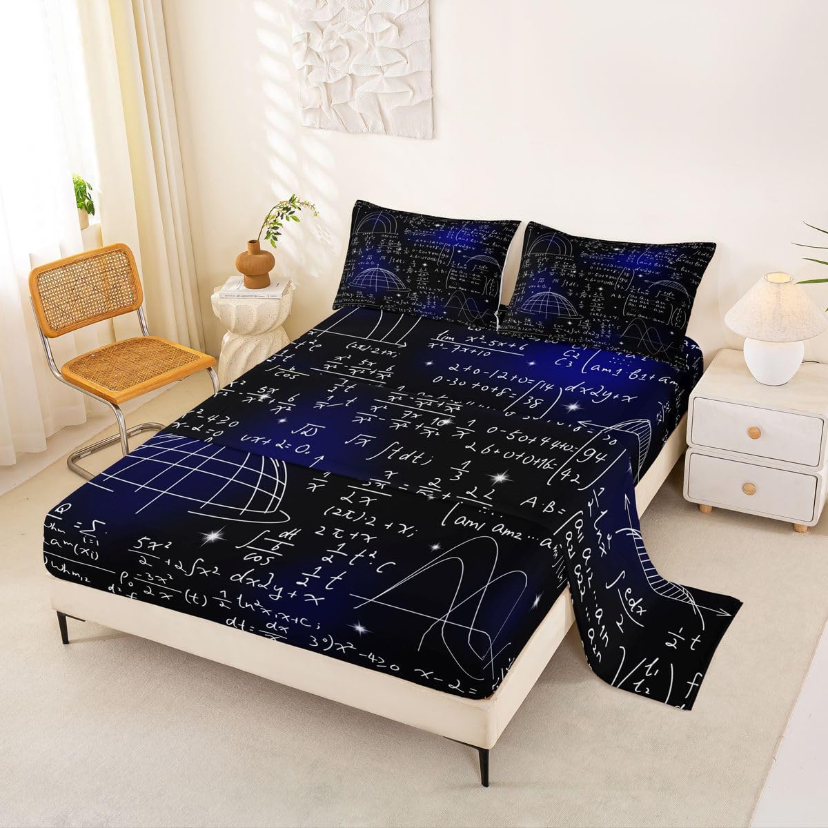 Erosebridal Math Equation Bed Sheets Set Queen Mathematics Formula Sheet Set Blue Galaxy Starry Sky Print Sheets Science Themed Fitted Sheet Chemical Elements Science Theme Flat Sheet