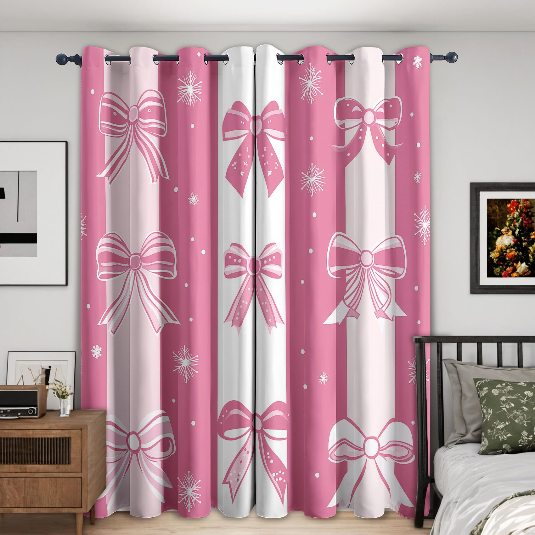 Pink Bowknot Blackout Curtains, 90 Drop, Girls Cute Bow Printed Curtains for Living Room, Bedroom, Eyelet Drapes for Window Home Decor, 66x90 Inch 2 Panels (J-889)