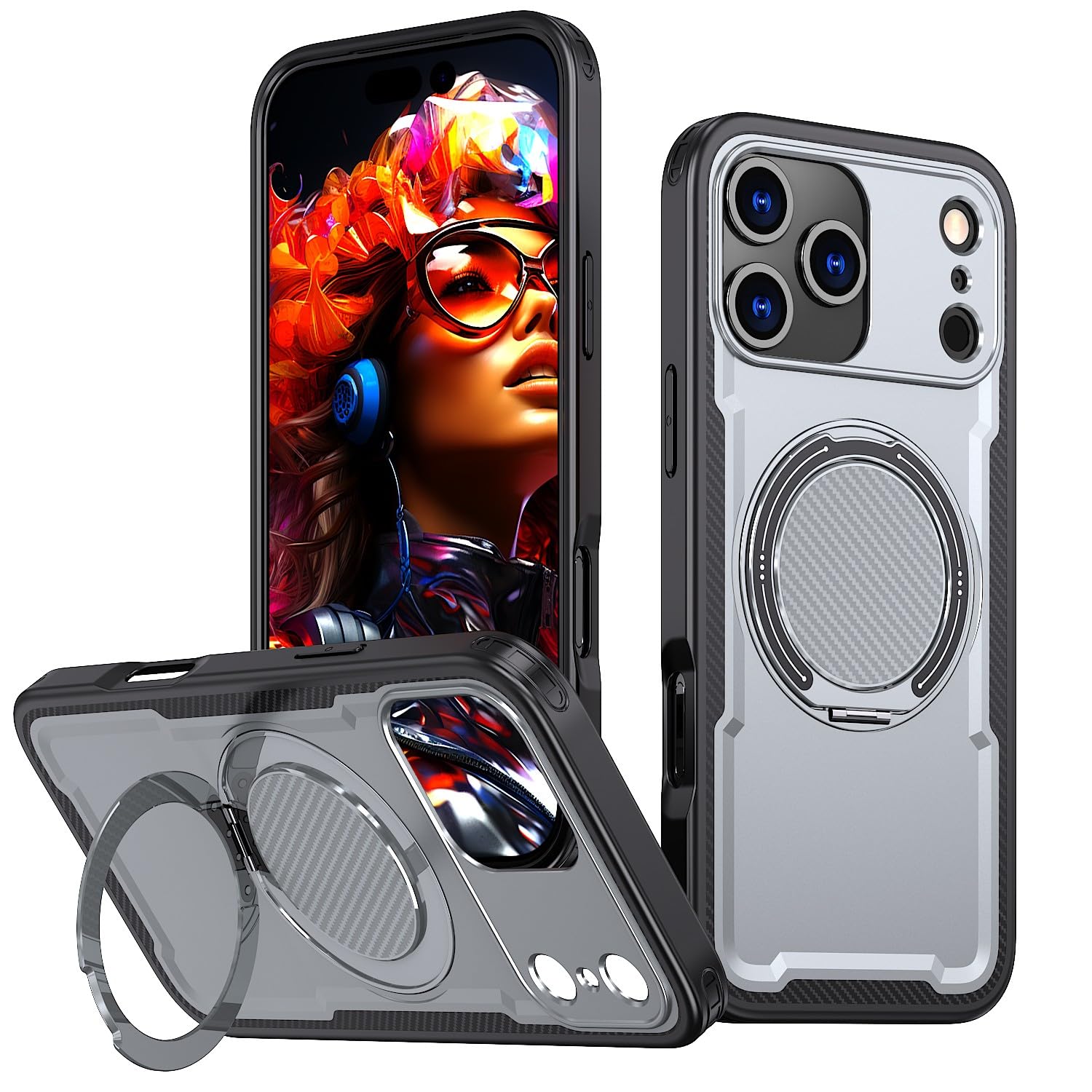 Coque iPhone 17 antichoc grise en silicone béquille intégrée anti-chute