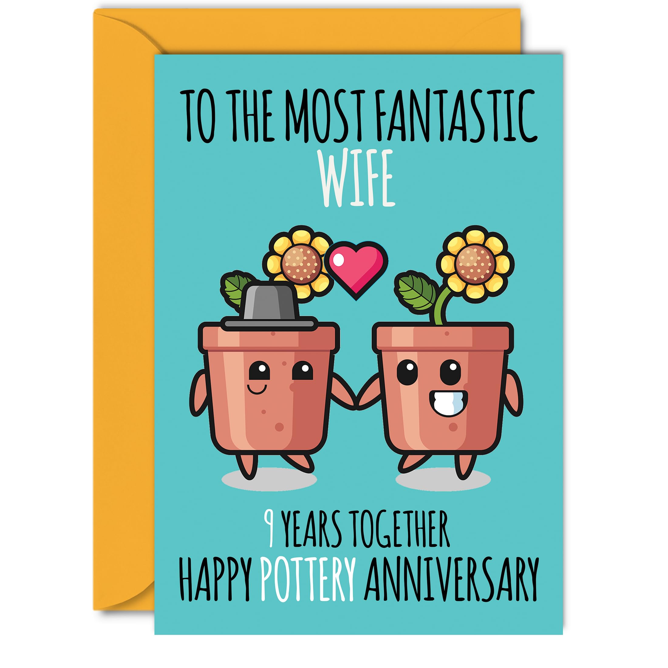 Cute Pottery Anniversary Card for Wife - 9 Years Together - Happy 9th Wedding Anniversary Cards for Wife from Husband, A5 Greeting Cards Anniversaries