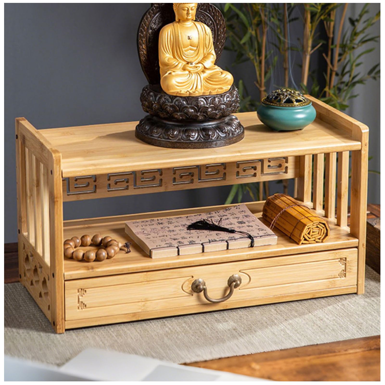 Table de méditation en bois contre le désordre des objets de prière de maison