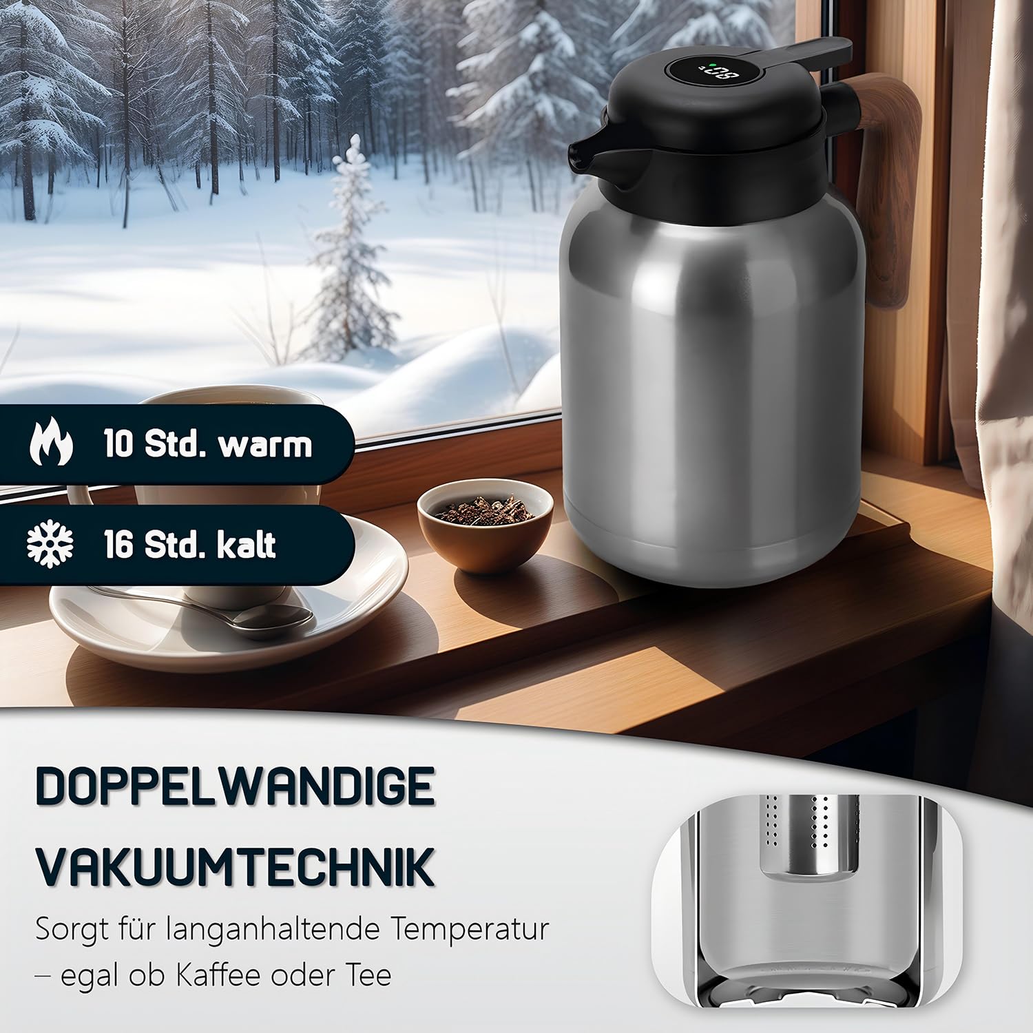 VETIN Thermoskanne mit Teesieb 1,5L aus 304 Edelstahl, Kaffeekanne Thermo | Auslaufsicher, 10 h Heiß & 16 h Kalt, mit Temperaturanzeige, für Tee, Kaffee und Kalte Getränke (Kunststoffgriff)
