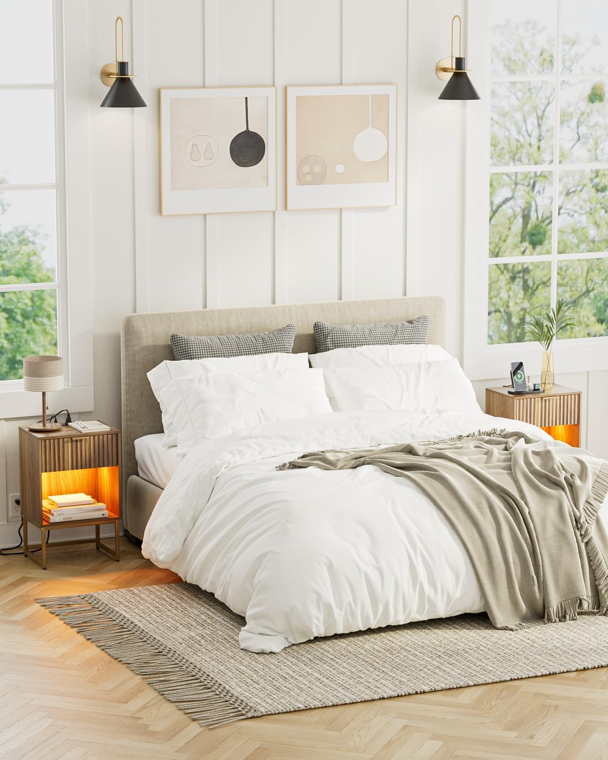 Masupu Fluted Nightstand with Charging Station and LED Lights,Modern Night Stand Wood Bedside Table with Storage Drawer Side End Table for Bedroom,Living Room,Office,Walnut Brown