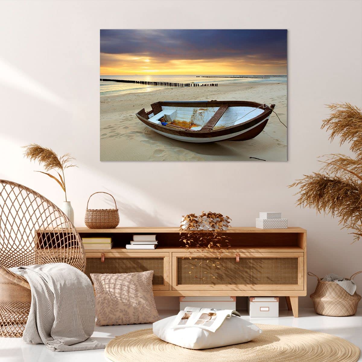 Cuadro Decorativo Sobre Lienzo 100x70cm, Paisaje Marítimo Barco En El Báltico, Arte Moderno Para Salón O Dormitorio