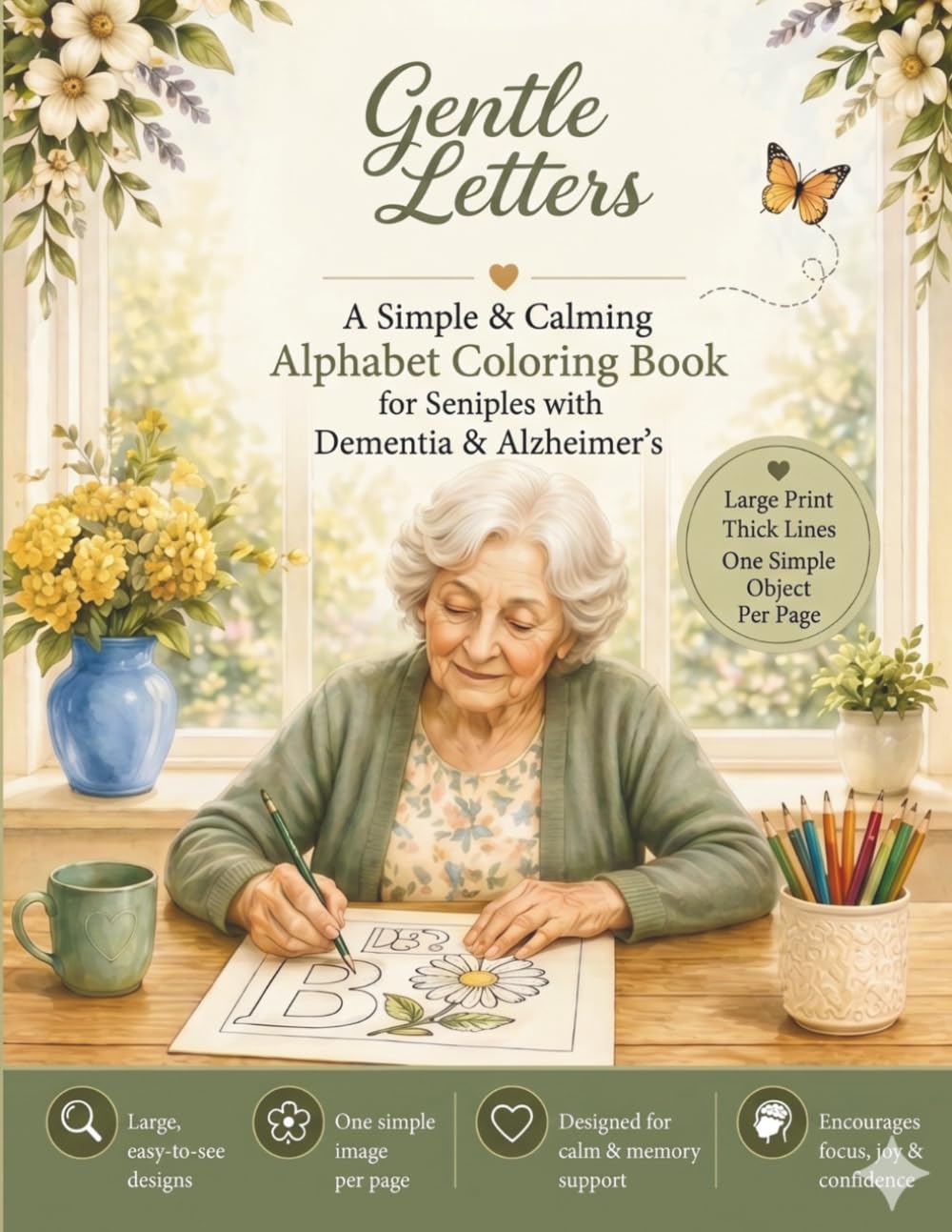 Gentle Letters: A Simple & Calming Alphabet Coloring Book for Seniors with Dementia & Alzheimer’s (Gentle Minds Coloring)
