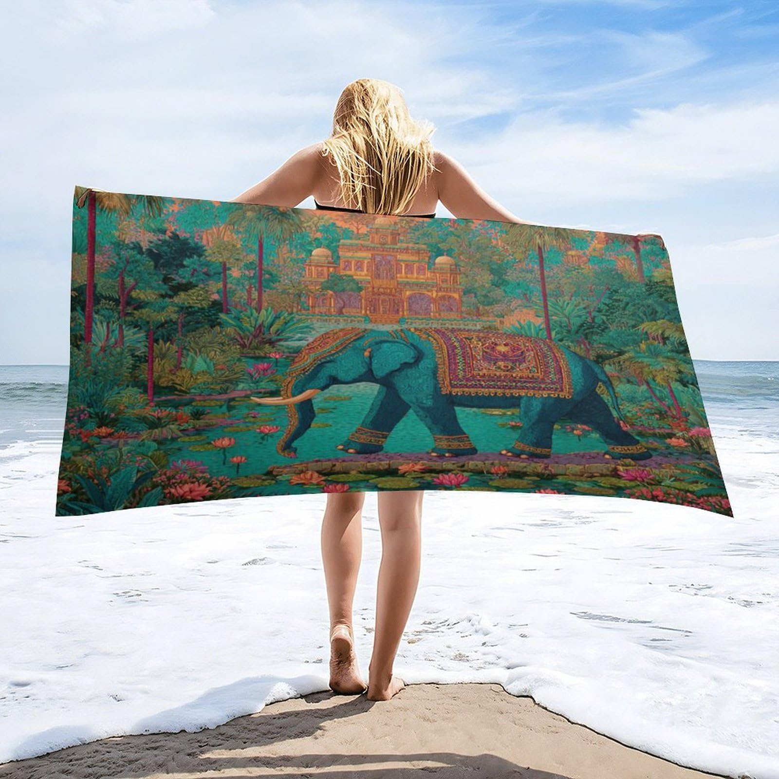 Luyysky Fantasy Abstract Indian Elephant Absorbent Beach Towel, Vintage Bohimian Castle Animal Elephant Lotus Flowers Palm Tree Outdoor Single-Sided Velvet Beach Towel-80 W Cm X 160" L Cm