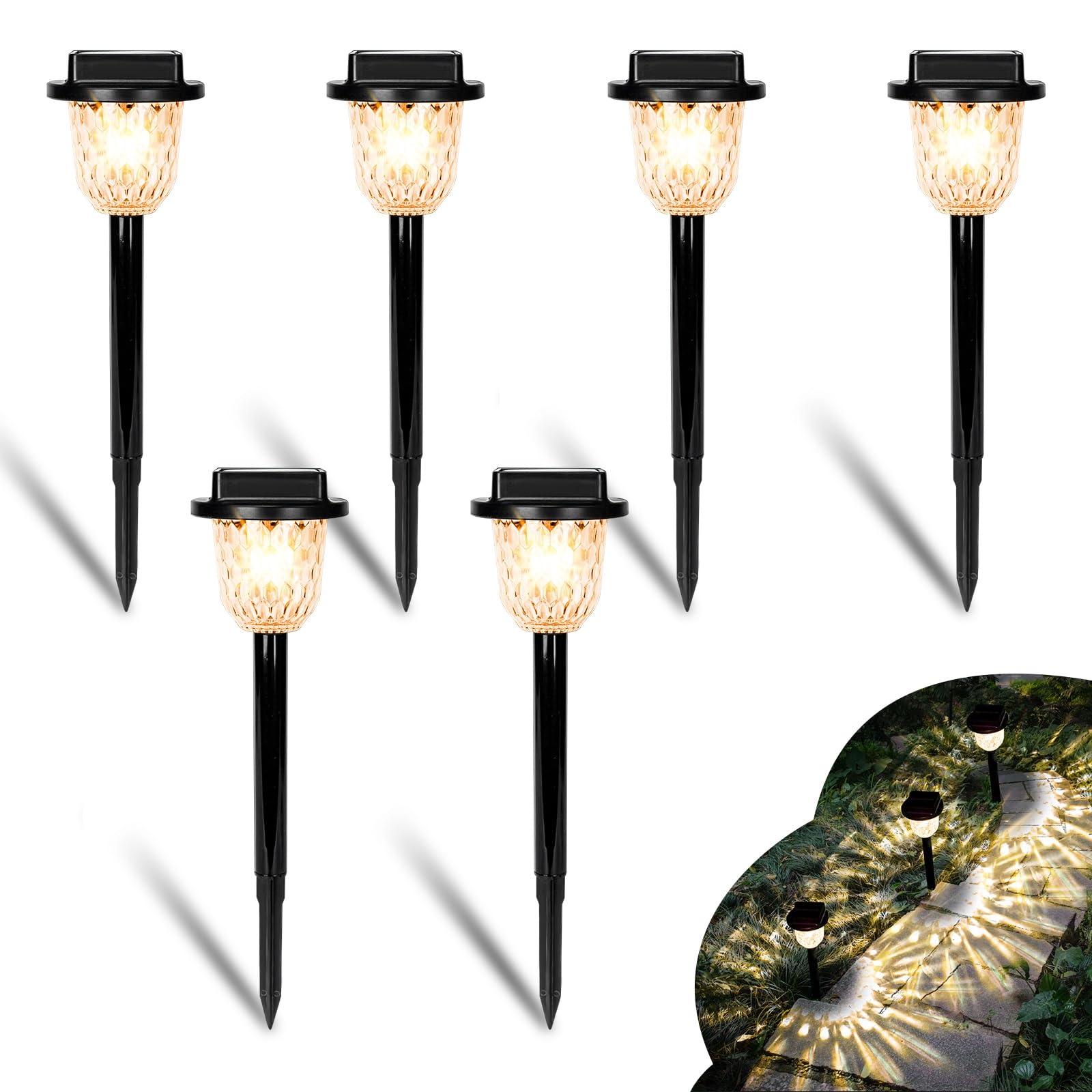 CREATESTAR Luci Solari da Giardino, 6 Pezzi Luci Solari Esterno Bianca Calda e RGB IP55 Impermeabile Lampade per Cortile Marciapiede Patio Prato Paesaggio Vialetto