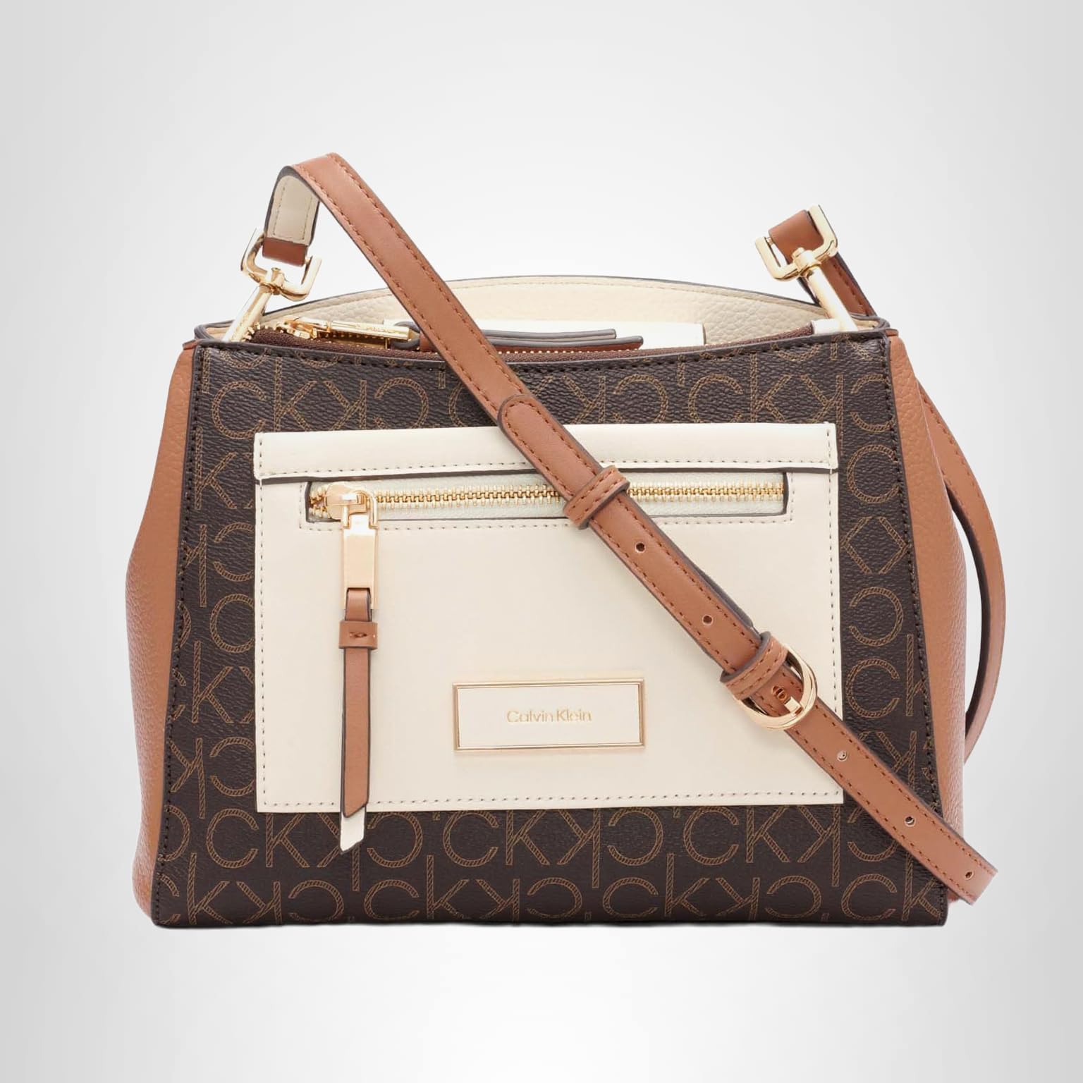 Calvin Klein Women's Hadley Triple Compartment Crossbody: One Size Brown/Khaki/Caramel/White