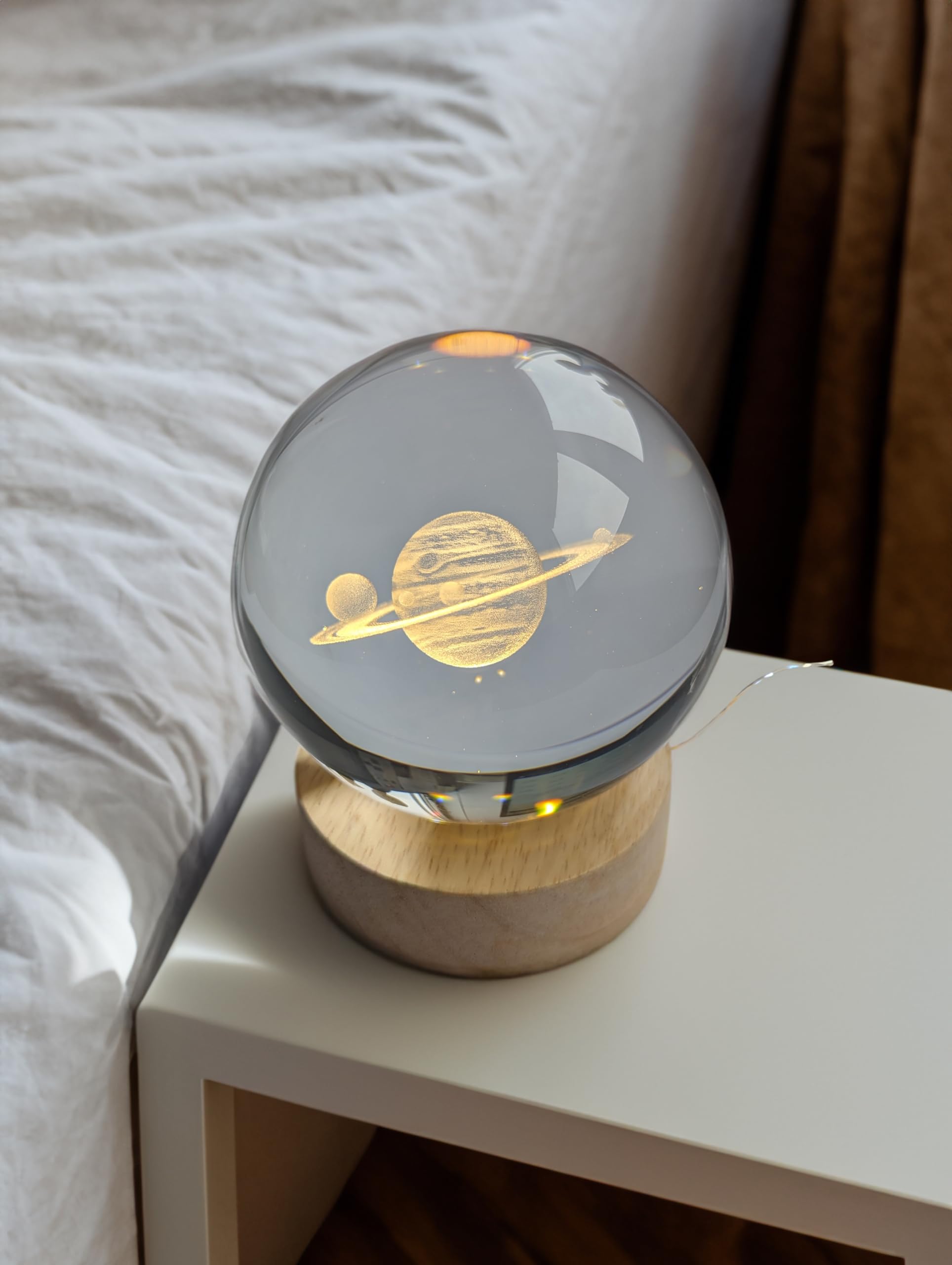 Pfronten Schmuck Hologram Glass Ball (Approx. 8 cm) Planet Ring with Wooden LED Coaster (Approx. 7 cm) 3D Crystal Ball Night Light Mood Light Lamp - Image 4