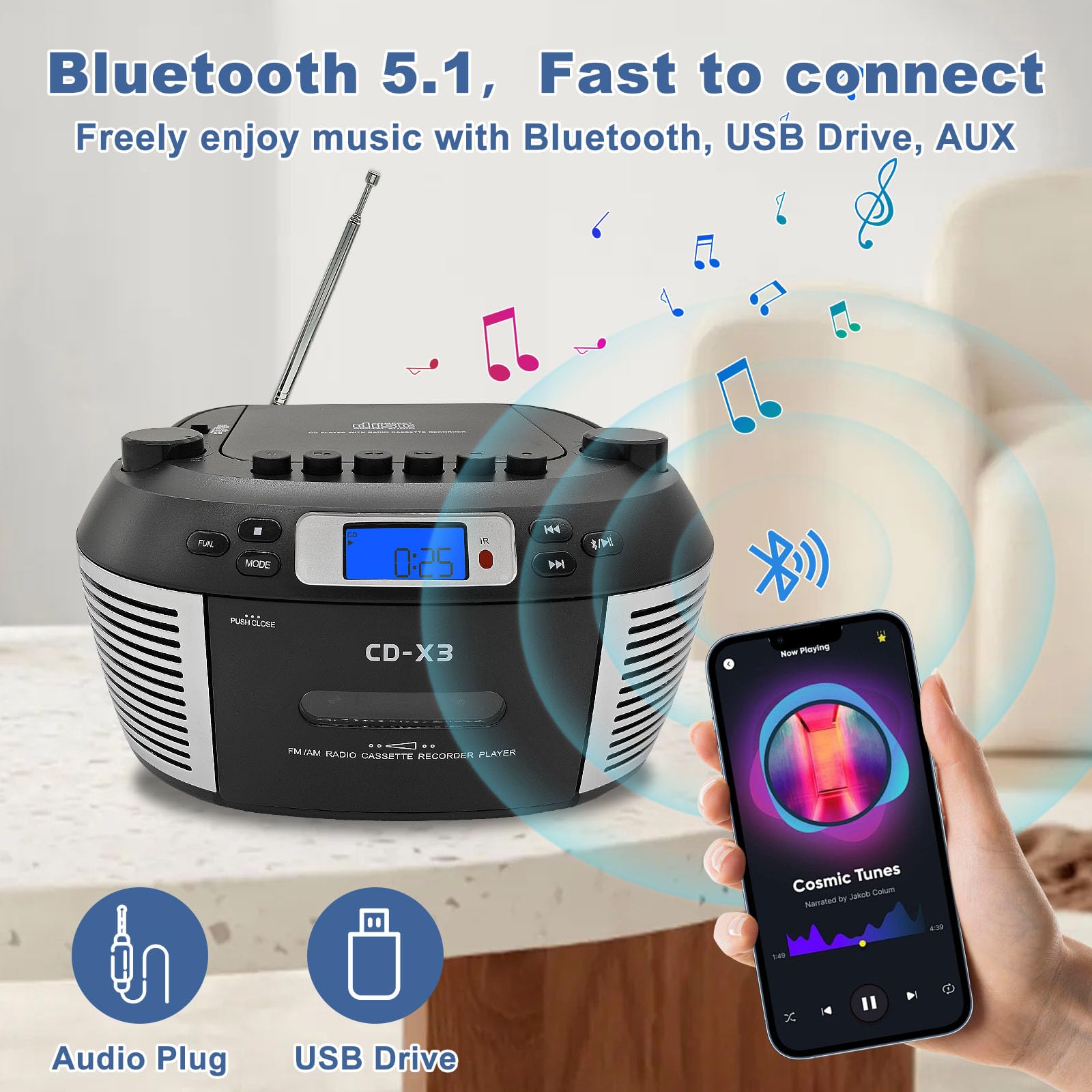 Tragbarer CD- & Kassettenplayer mit Fernbedienung – Inklusive FM/AM-Radio, USB-Wiedergabe, Bluetooth-Lautsprecher, Aufnahmefunktion und Netz-/Batteriebetrieb (Nicht inkl)