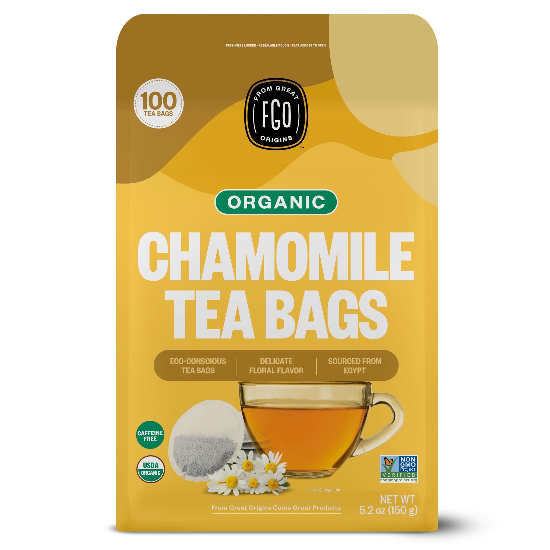 FGO Organic Chamomile Tea, 100 Eco-Conscious Tea Bags, Caffeine Free, Resealable Bag, Packaging May Vary (Pack of 1)