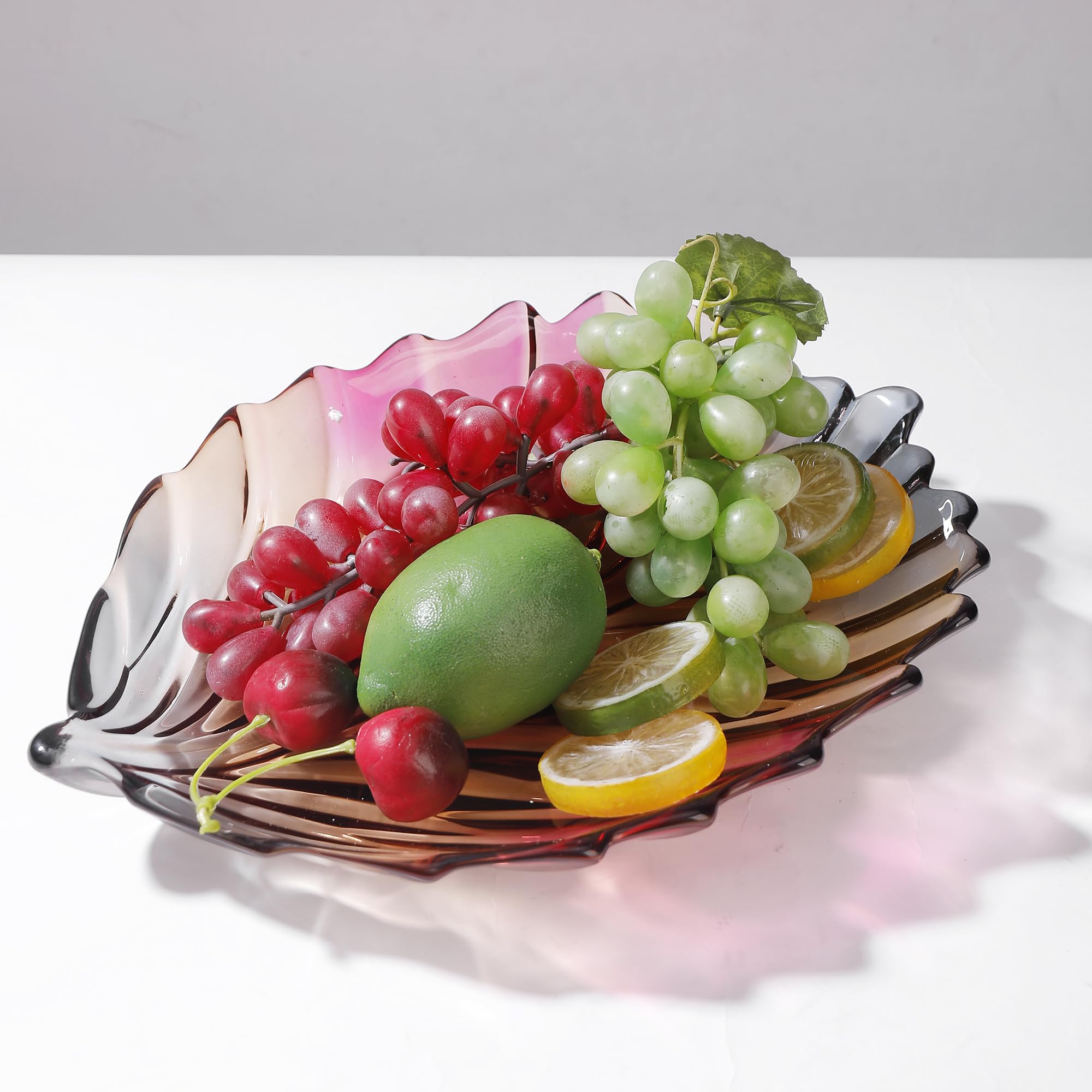 Kreative, bunte handbemalte Kristallglas-Blattform, dekorative Schale, 31 cm Durchmesser, Obst-Display und Küchentisch.