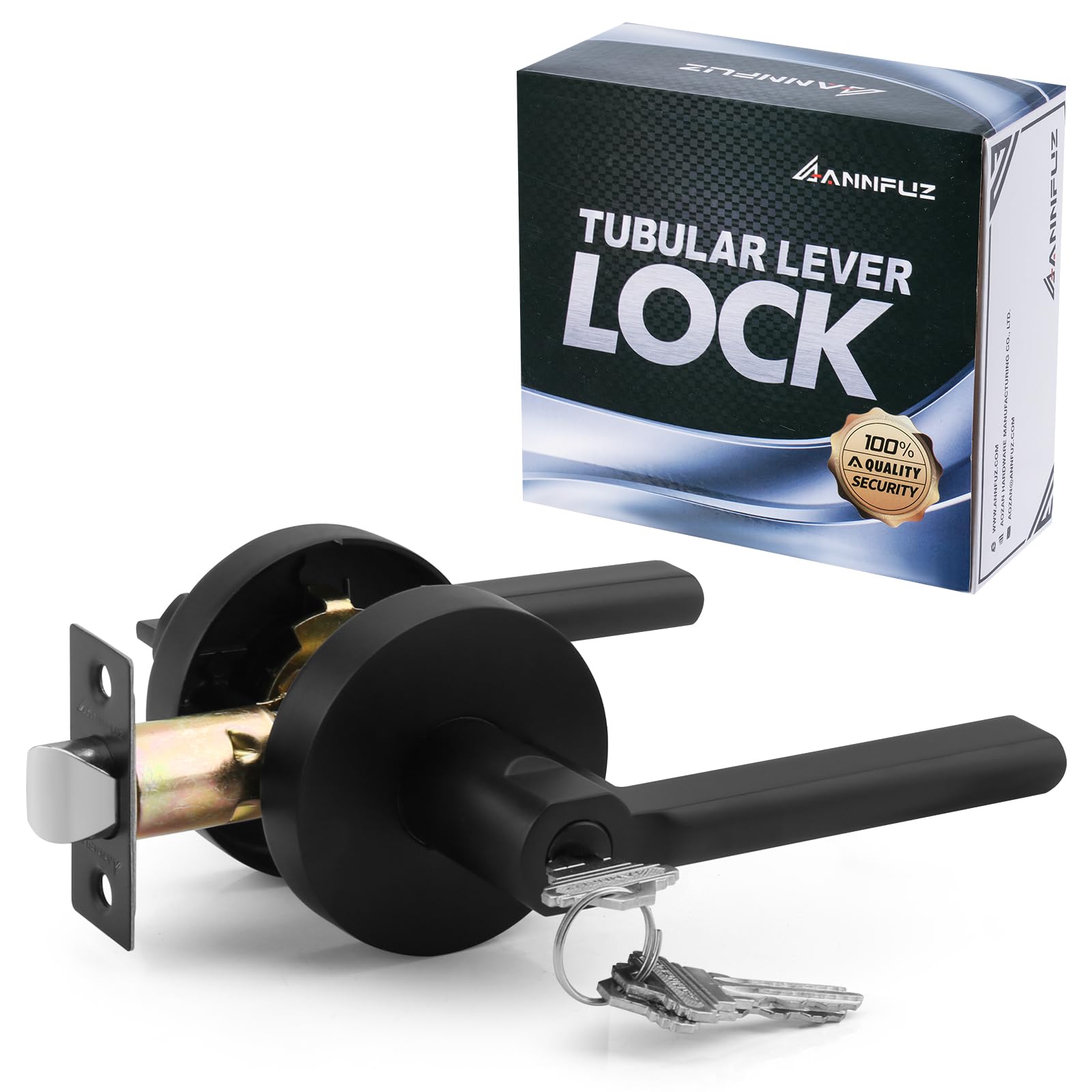 Annfuz Matte Black Round Heavy Duty Entry Door Lever Handle Lock With Key For Office/Front Door,Entrance Interior Exterior Door Knob Hardware,Lockable,Not Keyed Alike,Reversible For Left/Right Side,