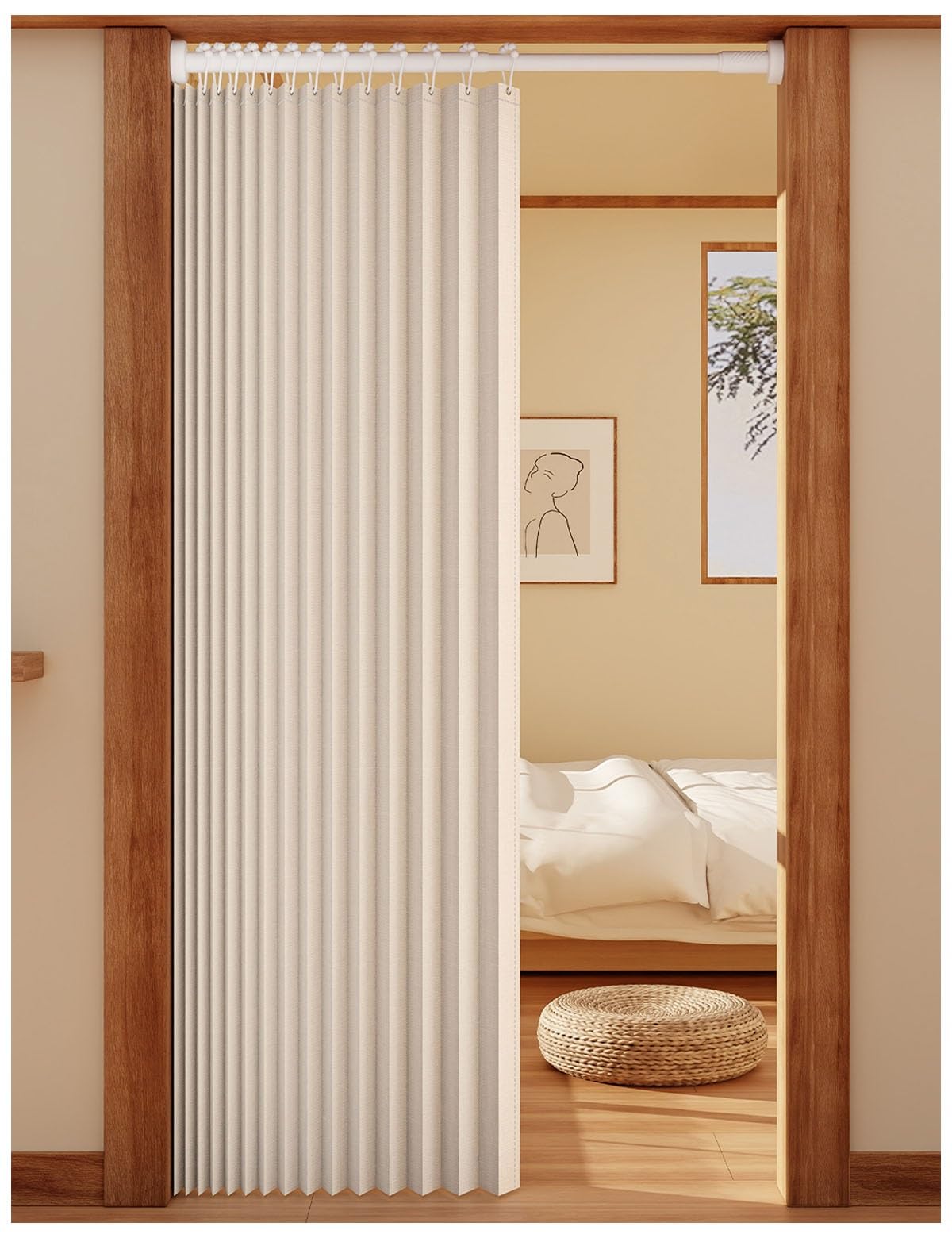 Rideau de porte occultant réglable avec tringle télescopique, stores en accordéon à isolation thermique pour usage intérieur - Rideau séparateur de pièce (tringle blanche 80-100 cm, rideau 100 x 250
