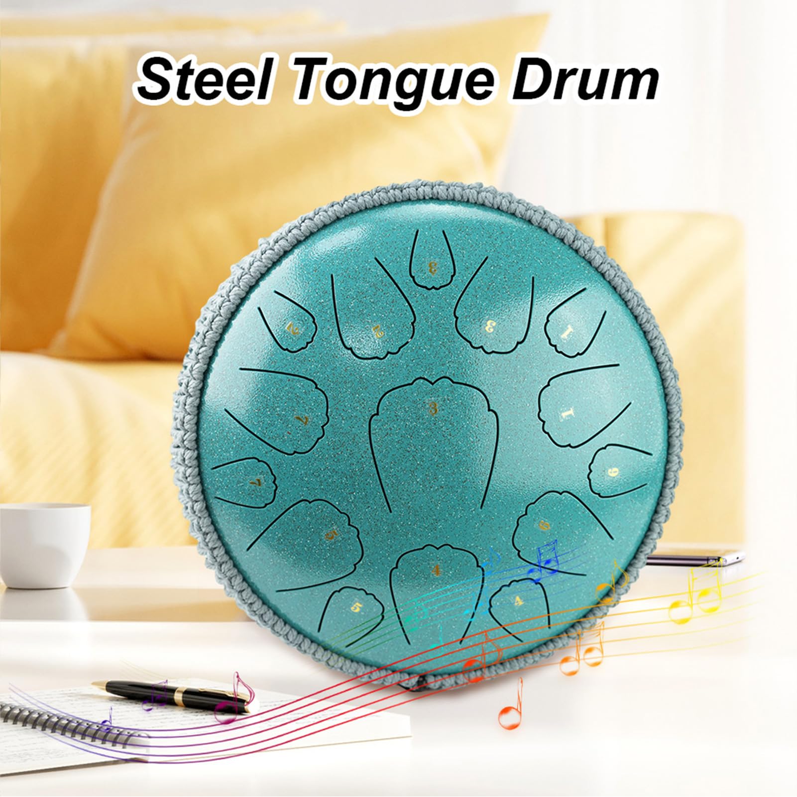 Tambour à Langue en Acier Premium 15 Notes, Instrument de Percussion à clé D pour la Méditation, le Yoga, le Tambour Main, en Acier au Carbone 13 Pouces (13 pouces)