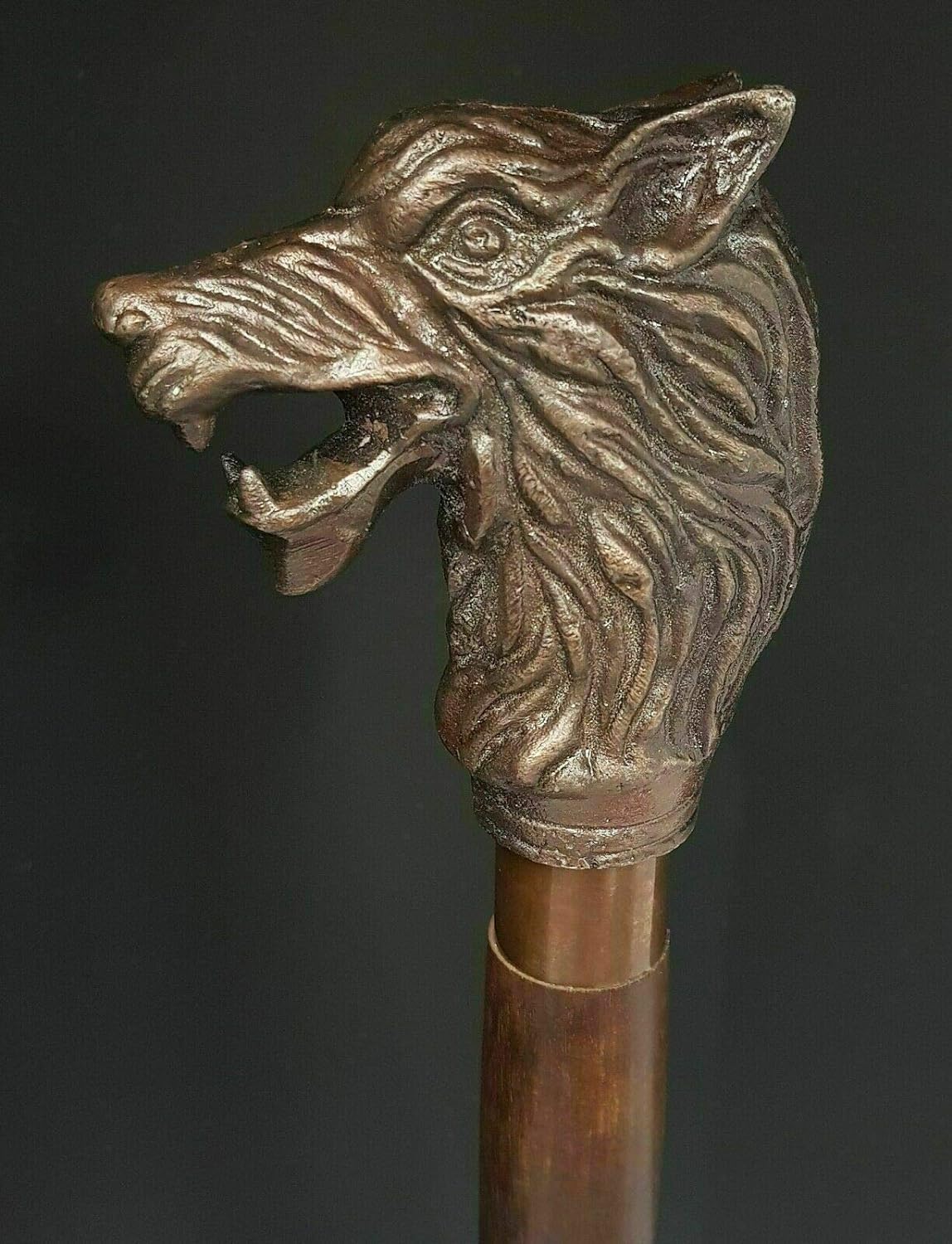 Waziha Noutical Handmade Walking Stick Wolf Head Copper Antique Metal Handle Wooden Vintage Cane, Brown, 36 inch - Image 4