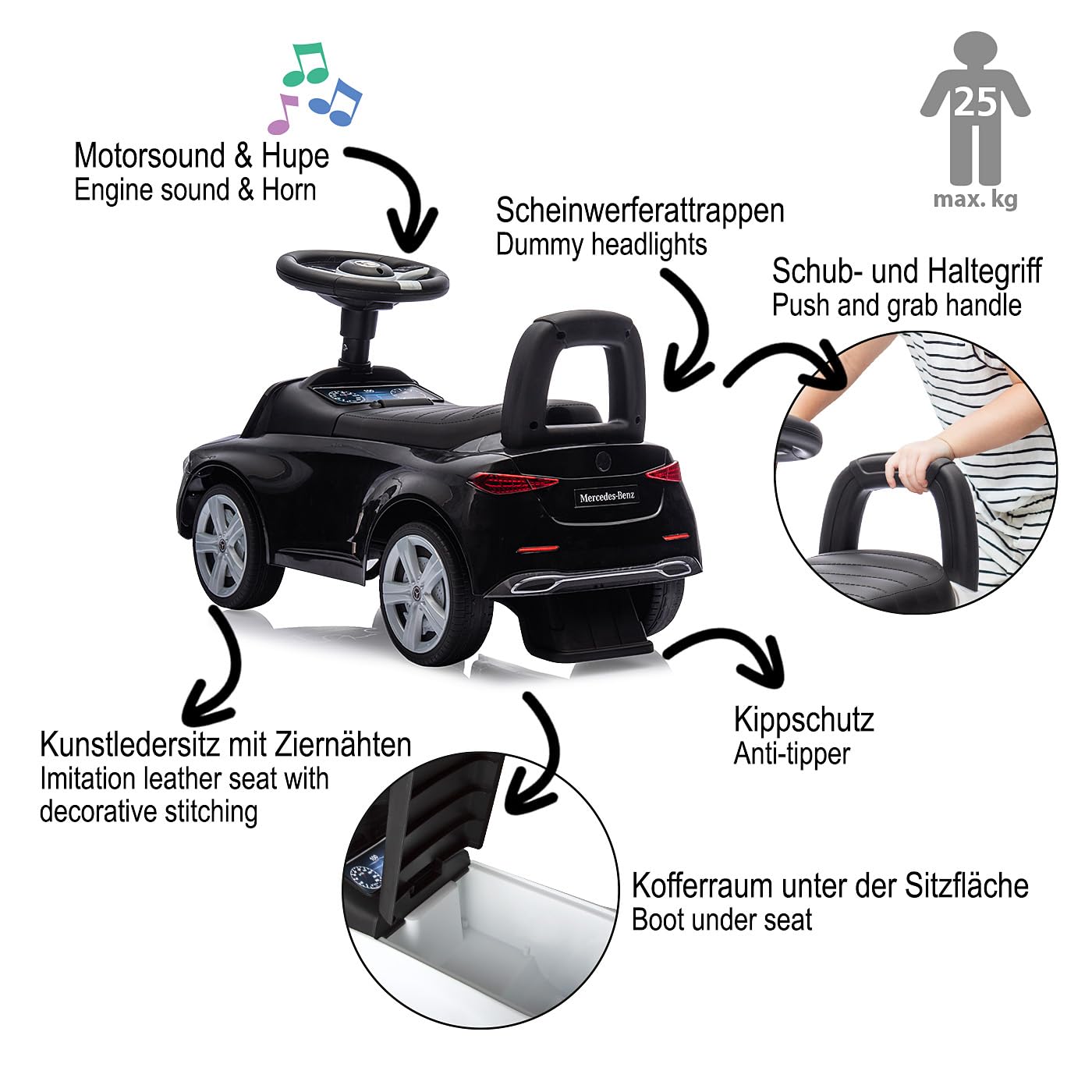 JAMARA 464032 Toboggan Mercedes-Benz Classe C – Voiture Glissante, véhicule pour Enfant intérieur et extérieur, Jouet de Voiture, Cadeau pour Enfants, Protection Anti-basculement, Coffre, klaxon