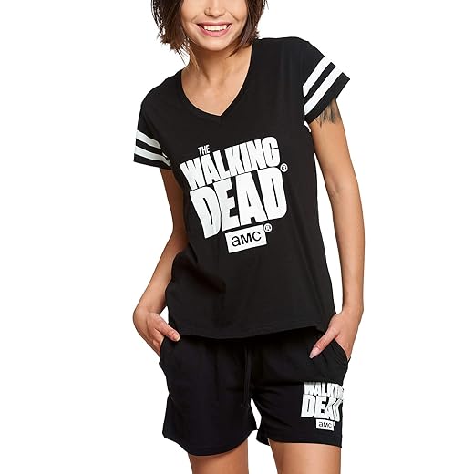 Walking Dead Elbenwald Pyjama Serien Logo Frontprint 2 teilig Shirt und Shorts für Damen schwarz - S