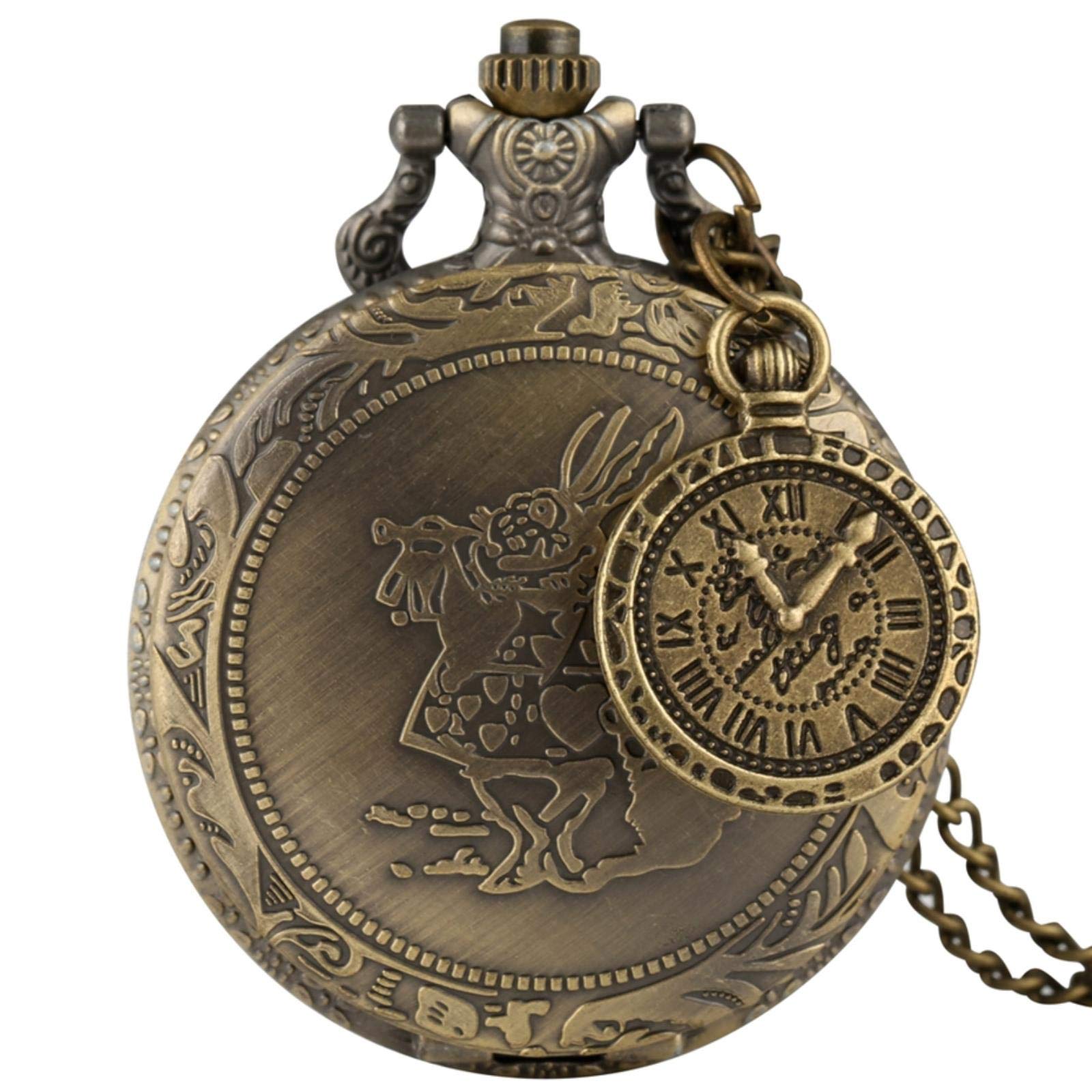 RUVANE Taschenuhr-Halskette, Bronze, Alice im Wunderland, süßer Hase, Quarz-Taschenuhr, Anhänger, Halskette, Kette, Uhr mit Karussell-Zubehör, mit Krückenhase Star of Light
