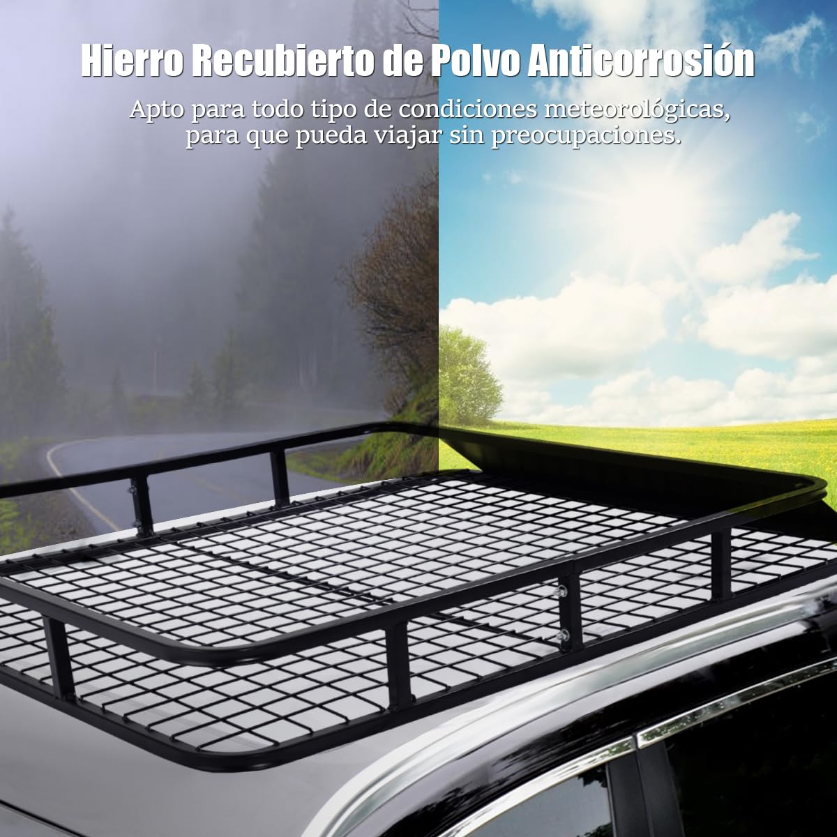 SOARS Baca Coche Universal, Cesta de Techo Coche, Baca de Hierro con Malla Metálica para Evitar la Caída de Objetos, Cofre Techo Coche, Portaequipajes de Metal Carga 75KG (MAX), 122,5 x 102 x 15 CM